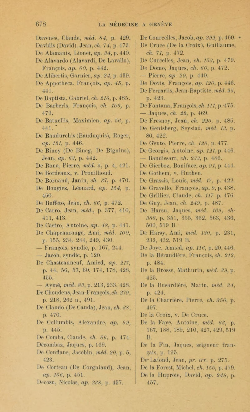 Davenes, Claude, méd. 84, p. 429. Davidis (David), Jean, ch. 74, p. 473. ; De Alamanis, Lionet, ap. 34, p. 440. De Alavardo (Alavardi, De Lavallo), François, ap. 60, p. 442. De Alibertis, Garnier, ap. 24, p. 439. De Appotheca, François, ap. 45, p. 441. De Baptista, Gabriel, ch. 216, p. 4S5. De Barberis, François, ch. 156, p. 479. De Batuellis, Maximien, ap. 56, p. 441. * De Baudurchis(Bauduquis), Roger, ap. 121, p. 446. De Binoy (De Bineg, De Bignins), Jean, ap. 63, p. 442. De Bona, Pierre, méd. 5, p. 4, 421. De Bordeaux, v. Prouillioud. De Bornand, Janin, ch. 37, p. 470. De Bougiez, Léonard, ap. 154, p. 450. De Buffeto, Jean, ch. 66, p. 472. De Carro, Jean, méd., p. 377. 410, 411, 413. De Castro, Antoine, ap. 48, p. 441. De Chapeaurouge, Ami, méd. 100, p. 155, 234, 244, 249, 430. — François, syndic, p. 167, 244. — Jacob, syndic, p. 120. De Chasteauneuf, Amied, ap. 217, p. 44, 56, 57, 60, 174, 178, 428, 455. — Aymé, méd. 83, p. 213, 233. 128. De Cboudens, Jean-François,ch. 270. p. 218, 262 n., 491. De Claudo (De Cauda), Jean, ch. 38, p. 470. De Collumbis, Alexandre, ap. 09, p. 445. De Comba, Claude, ch. 86, p. 474. Décombaz, Jaques, p. 169. De Conflans, Jacobin, méd. 20, p. 5, 423. De Corteau (De Corgniaud), Jean, ap. 166, p. 451. Decosu, Nicolas, ap. 238, p. 157. De Courcelles, Jacob, ap. 202, p. 460. De Cruce (De la Croix), Guillaume, ch. 71, p. 472. De Curcelles, Jean, ch. 153, p. 479. De Domo, Jaques, ch. 60, p. 472. — Pierre, ap. 20, p. 440. De Dovis. François, ap. 120, p. 446. De Ferrariis, Jean-Baptiste, méd. 25, p. 423. De Fontana, François,ch. 111, p/475. — Jaques, ch. 22, p. 469. De Fresnoy, Jean, ch. 225, p. 485. De Genisberg, Seysiad, méd. 13, p. 80, 422. De G'ento. Pierre, ch. 128, p. 477. De Georgis, Antoine, ap. 121, p. 446. — Baudissart, ch. 233, p. 486. De Gierboz, Boni face, ap. 01. p. 441. De Gothem, v. Huthen. De Grassis. Louis, méd. 17, p. 422. De Gravello. François, ap. 0, p. 438. De Grillier. Claude, ch. 117 p. 476. De Guy, Jean, ch. 240, p. 487. De Harsu, Jaques, méd. 160, cli- 388, p. 351, 355, 362, 363, 436, 500, 519 B. De Harsv, Ami, méd. 130, p. 231, 232, 432, 519 B. De Joye, Amied, ap. 116, p. 20,446. De la Béraudière, François, ch. 212, ]>. 184. De la Brosse, Mathurin, méd. 30, p. 425. De la Busardière, Marin, méd. 34, p. 424. De la Cbarrière, Pierre, ch. 350, p. 497. De la Croix, v. De Cruce. De la Faye, Antoine, méd. 63, p. 167, 188, 189, 210, 427,429,519 B. De la Fin, Jaques, seigneur fran- çais, p. 195. I)e* La fond, Jean, pr. irr. p. 275. De la Forest, Michel, ch. 155, p. 479. De la lluproie, David, ap. 248, p. 457.