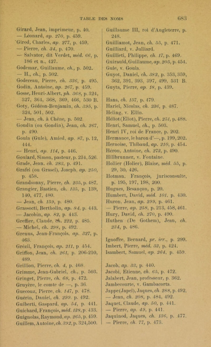Girard, Jean, imprimeur, p. 40. — Léonard, ap. 270. p. 459. Girod, Charles, ap. 277, p. 459. — Pierre, eh. 34, p. 470. — Salvator, dit Verdet, méd. 00, p. 186 et n., 427. Godemar, Guillaume, ch., p. 502. — H., ch., p. 502. Godereau, Pierre, ch. 330, p. 495. Godin. Antoine, ap. 207, p. 459. Gosse, Henri-Albert, ph. 308, p. 324, 327, 364, 368, 369, 466, 530 B. Goty. Gédéon-Benjamin, ch. 390, p. 324, 501. 502. — Jean. ch. à Chêne, p. 502. Goudin (ou Gondin), Jeau, ch. 207, p. 490. Goula (Gule), Amied. ap. ,v7, p. 12, 444. — Henri, ap. 114, p. 446. Goulard, Simon, pasteur, p. 234.526. Grade, Jean. ch. 283, p. 491. Grafel (ou Grasel), Joseph, ap. 230, p. 458. Grandsonay, Pierre, ch. 235, p. 487. Grangier. Bastien, ch. 135, p. 139, 140, 477, 480. — Jean, ch 159, p. 480. Grassocti, Bertholin, ap. 84. p. 443. — Jacobin, ap. 82, p. 443. Greffier, Claude, ch. 222. p. 485. — Michel, ch. 298, p. 492. Grenus, Jean-François, ap. 327, p. 463. Grézil, François, ap. 211. p 454. Griffon, Jean, ch. 201, p. 206-210, 489. Grillion, Pierre, ch. 4, p. 468. Grimme, Jean-Gabriel, ch., p. 503. Gringet, Pierre, ch. 08, p. 472. Gruyère, le comte de —, p. 36. Guecouz, Pierre, ch. 147, p. 478. Guérin, Daniel, ch. 299. p. 492. Guiberti, Gaspard, ap. 54, p. 441. Guichard, François, méd. 138. p. 433. Guignolas. Raymond.ap. 205. p. 459. Guillem, Antoine,ch.392, p. 324,500. Guillaume III, roi d’Angleterre, p. 248. Guilliamot, Jean, ch. 55, p. 471. Guilliard, v. Jnlliard. Guillieti, Philippe, ch. 17, p. 469. Guirauld,Guillaume, ap. 205, p. 454. i Gule, v. Goula. Guyot. Daniel, ch. 382, p. 353,359, 362, 391, 393, 397, 499, 531 B. Guyta, Pierre, ap. 18, p. 439. Plans, ch. 157, p. 479. Hariel, Nicolas, ch. 230, p. 487. Heling. v. Ellin. Héliot (Eliot), Pierre, ch. 251, p. 488. Henri, Samuel, ch., p. 503. Henri IV, roi de France, p. 202. Hermance, le baron d’—, p. 199,202. Ilernoise, Thibaud, ap. 210, p. 454. Héron, Antoine, ch. 273, p. 490. Hillbrunner, v. Fontaine. Hollier (Plolier), Biaise, méd. 55, p. 29, 30, 426. Hotmail. François, jurisconsulte, p. 195, 197, 198, 200. Hugues, Besançon, p. 20. Humbert, David, méd. 101. p. 430. Huron. Jean, ap. 299, p. 461. — Pierre, ap. 258, p. 213, 458,461. Hury, David, ch. 270, p. 490. Iluthen (De Gothem), Jean, ch. 234, p. 486. Ignoffre. Bernard, pr. irr., p. 299. Imbert, Pierre, méd. 33, p. 424. Isambert, Samuel, ap. 204, p. 459. Jacob, ap. 33, p. 440. Jacobi. Etienne, ch. 05, p. 472. Jalabert. Jean, professeur, p. 362. Jambecourte, v. Gambacorta. Jappe(Japcl), Jaques, ch. 288, p. 492. — Jean, ch. 208, p. 484, 492. .Taquet. Claude, ap. 50, p. 441. — Pierre, ap. 49, p. 441. Jaquinod, Jaques, ch. 130, p. 477. — Pierre, ch. 77, p. 473.