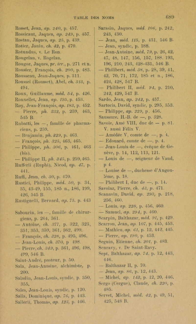 Itosset, Jean, ap. 240, p. 457. Rossicaut, Jaques, ap. 249, p. 457. Resta n, Jaques, ap. 25. p. 439. Rotier, Janin, ch. 42, p. 470. Botundus, v. Le Ron. Rougelan, v. Rogelan. Rougoz. Jaques, pr. irr., |). 271 et n. Rousier, François, ch. 200, p. 483. Rousseau, Jean-Jaques, p. 311. Roussel (Rousset), Abel, ch. 313, p. 494. Roux, Guillaume, méd. 54, p. 426. Rouxellet, Jean. ap. 195, p. 453. Roy, Jean-François, ap. 183, p. 452. j — Pierre, ph. 332, p. 269, 463, 545 B. Rubatti, les — , famille de pharma- ciens, p. 259. — Benjamin, ph. 329, p. 463. — François, ph. 325, 463, 465. — Philippe, ph. 306, p. 161, 463 (bis). — Philippe IL ph. 345, p. 259,465. j Rufferii (Ruphi), Nicod, ap. 47, p. 441. Rutli, Jean, ch. HO, p. 4 70. Rustici, Philippe, méd. 50, p. 34, 35, 43-49, 155. 185 n., 186, 199, 426, 545 B. Rustignelli, Bernard, ap. 75. p. 443 Sabourin. les —, famille de chirur- giens, p. 264, 361. — Antoine, ch. 377, p. 322, 323, 351, 353, 359, 361, 362, 499. — François, ch. 323, p. 495, 496. - Jean-Louis, ch. 370. p 198. — Pierre, ch. 349, p. 361. 496, 498, 499, 546 B. Saint-André, pasteur, p. 50. Sala, Jean-Antoine, alchimiste, p. 200. Saladin, Jean-Louis, syndic, p. 350, 355. Sales, Jean-Louis, syndic, p. 120. Salla, Dominique, ap. 70, p. 443. Sallerii, Thomas, ap. 125. p. 146. Sarasin, Jaques, méd. ion, p. 242, 243, 430. — Jean, méd. 115, p. 431. 546 B- — Jean, syndic, p. 188. — Jean-Antoine, méd. 79, p. 26, 42, 47, 48. 147. 156, 157. 188. 193, 196, 210. 243, 428-431, 546 B. — Philibert, méd. 35, p. 2S, 39, 41, 42, 70, 71, 172, 185 et n., 186, 424, 428, 547 B. — Philibert II, méd. 94, p. 210, 242, 429, 547 B. Sardo, Jean, ap. 242, p. 457. Sartoris, David, syndic, p. 295. 353. — Philippe, ap. 229, p. 456. Saussure. II.-B. de —, p. 328. Savoie, Aîné VIII, duc de — p. 81. V. aussi Félix V. — Amédée V, comte de —, p. 4. — Edouard, comte de —. p. 4. — Jean-Louis de —, évêque de Ge- nève, p. 14, 112, 113, 121. — Louis de —, seigneur de Yaud, p 4. — Louise de —, duchesse d’Angou- lême, p. 18. — Philibert 1. duc de —, p. 14. Savolaz, Pierre, ch. 43, p. 471. Scanavin, David, ap. 293, p. 218. 256, 460. — Louis, ap. 228, p. 456, 460. — Samuel, ap. 294, p. 460. Scarpin, Balthazar, méd. 91, p. 429. Scarron, Jean, ap. 107. p. 445, 453. — Mathieu, ap. (11, p. 12, 442, 445. — Pierre, ap. 190, p. 453. Seguin, Etienne, ch. 201. p. 483. Senravy, v. IV Saînt-Ravy. Sept. Balthazar, ap. 74. p. 12, 443. 446. — Baltbazar II, p. 70. — Jean, ap. 8(1, p. 12, 443. — Michel, ap. 143, p. 12, 20. 446. Sergo (Cergue), Claude, ch. 220, p. 485. Servet, Michel, méd. 42. p. 49, 51, 425, 548 B.