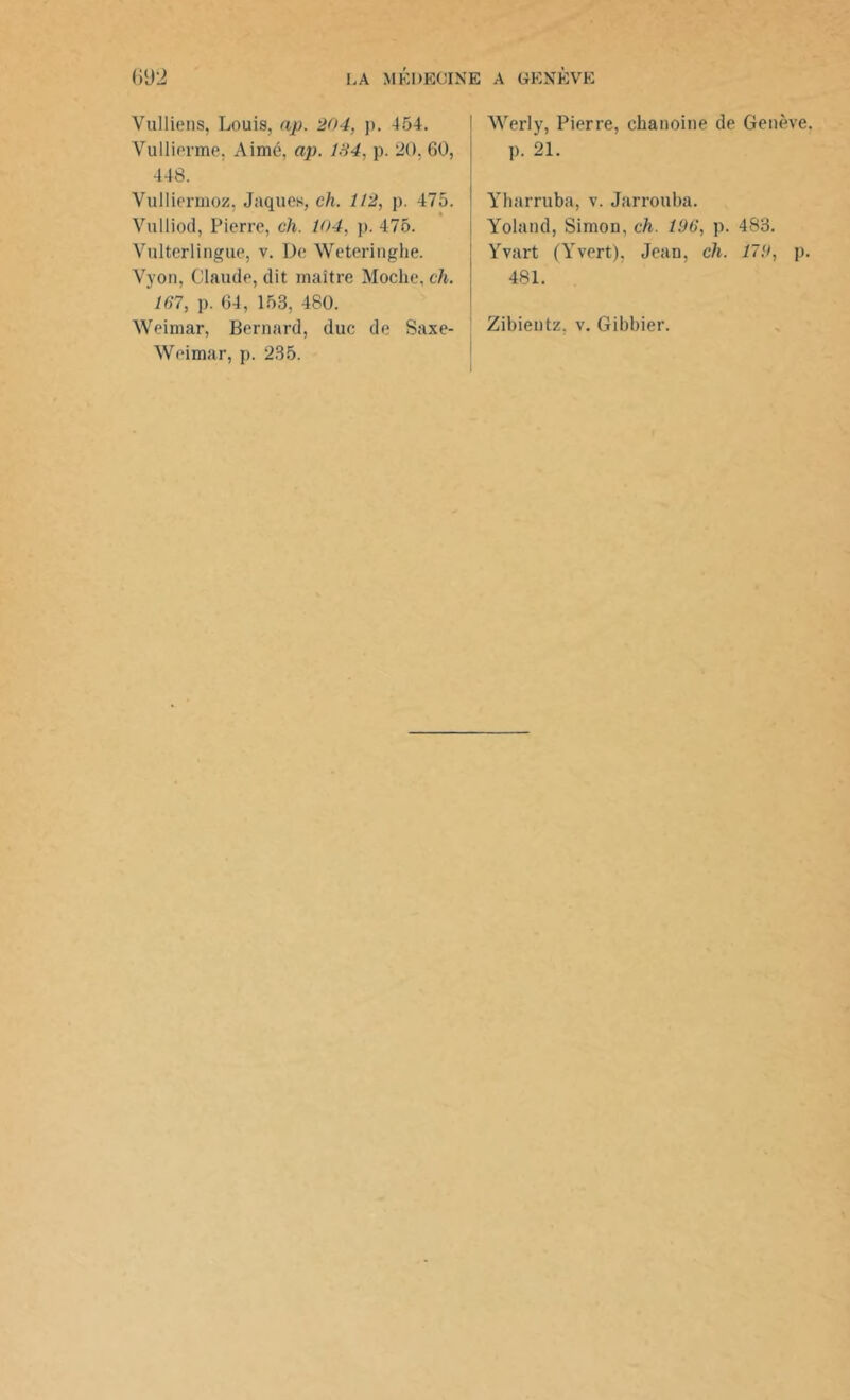 Vulliens, Louis, ap. 204, p. 454. Vullierme, Aimé, ap. 184, p. 20, 60, 448. Vulliermoz, Jaques, ch. 112, p. 475. Vulliod, Pierre, ch. 104, p. 475. Vulterlingue, v. De Weteringhe. Vyon, Claude, dit maître Moche, ch. 167, p. 64, 153, 480. Weimar, Bernard, duc de Saxe- Weimar, p. 235. Werly, Pierre, chanoine de Genève. p. 21. Yharruba, v. Jarrouha. Yoland, Simon, ch. 196, p. 483. Yvart (Yvert), Jean, ch. 179, p. 481. Zibientz. v. Gibbier.