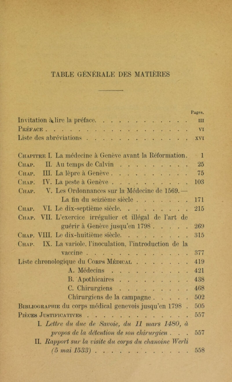 TABLE GÉNÉRALE DES MATIÈRES Fages. Invitation Mire la préface m Préface vi Liste des abréviations xvi Chapitre I. La médecine à Genève avant la Réformation. 1 Chap. IL Au temps de Calvin 25 Chap. III. La lèpre à Genève 75 Chap. IV. La peste à Genève 103 Chap. V. Les Ordonnances sur la Médecine de 1569.— La lin du seizième siècle 171 Chap. VI. Le dix-septième siècle 215 Chap. VIL L’exercice irrégulier et illégal de l’art de guérira Genève jusqu’en 1798 269 Chap. VIII. Le dix-huitième siècle 315 Chap. IX. La variole, l’inoculation, l’introduction de la vaccine 377 Liste chronologique du Corps Médical 419 A. Médecins 421 B. Apothicaires 438 C. Chirurgiens 468 Chirurgiens de la campagne 502 Bibliographie du corps médical genevois jusqu’en 1798 . 505 Pièces Justificatives 557 I. Lettre du duc de Savoie, du 11 mars 1480, à propos de la détention de non chirurgien . . . 557 IL Rapport sur la visite du corps du chanoine Werli (5 mai 1533) 558