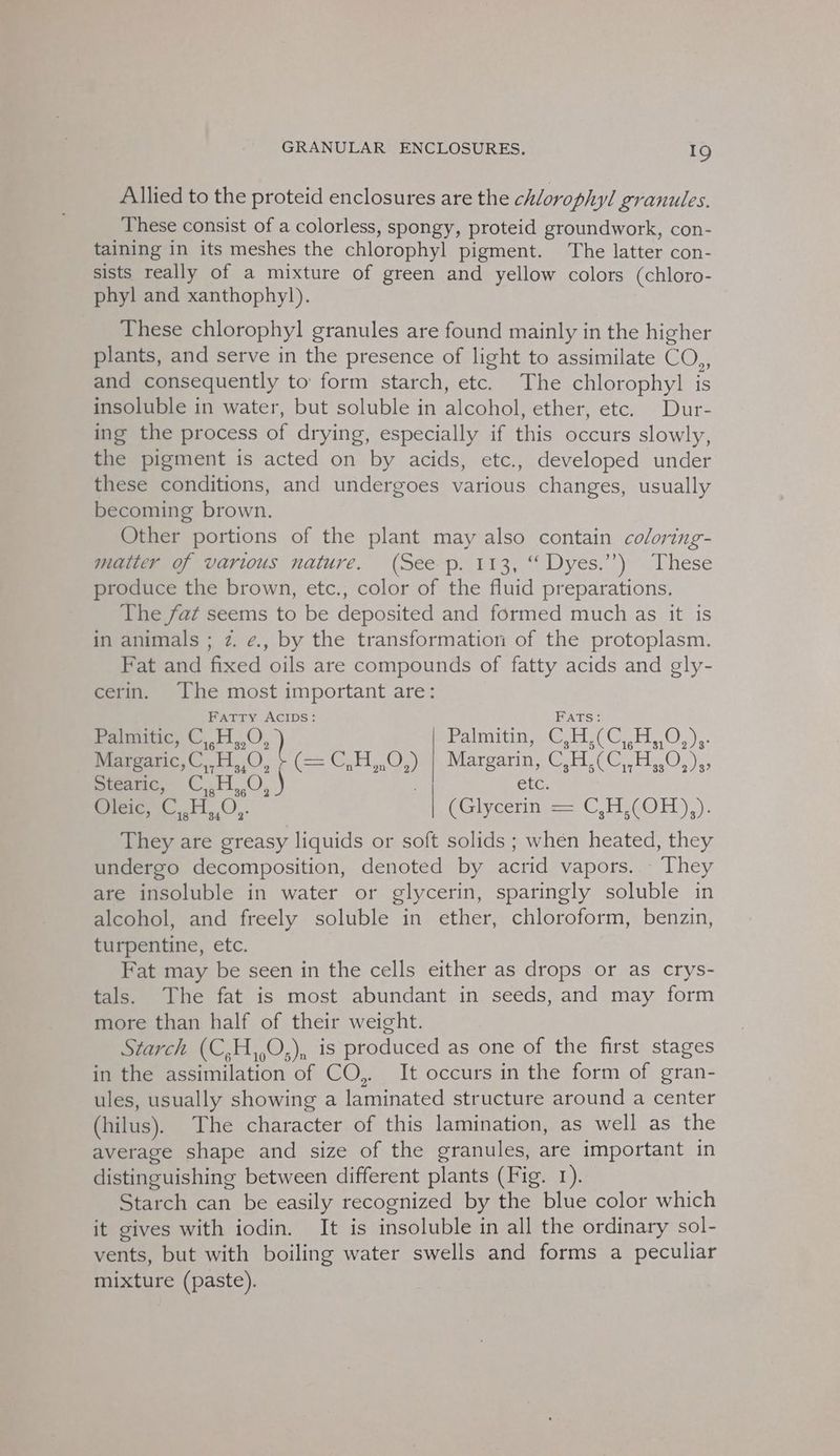 GRANULAR ENCLOSURES. fe) Allied to the proteid enclosures are the chlorophyl granules. These consist of a colorless, spongy, proteid groundwork, con- taining in its meshes the chlorophyl pigment. The latter con- sists really of a mixture of green and yellow colors (chloro- phyl and xanthophyl). These chlorophyl granules are found mainly in the higher plants, and serve in the presence of light to assimilate CO,, and consequently to form starch, etc. The chlorophyl is insoluble in water, but soluble in alcohol, ether, etc. Dur- ing the process of drying, especially if this occurs slowly, the pigment is acted on by acids, etc., developed under these conditions, and undergoes various changes, usually becoming brown. Other portions of the plant may also contain coloring- matter of various nature. (See p. 113, “ Dyes.”) These produce the brown, etc., color of the fluid preparations. The fat seems to be deposited and formed much as it is in animals ; z. ¢., by the transformation of the protoplasm. Fat and fixed oils are compounds of fatty acids and gly- cerin. [The most important are: FATTY AcIDsS: FATS: Peonic, CHO, emitter Oy. Reeanies 110. > (= C.H..O,) | Margarin, C.H.(C,.,H,,O,),, piece, CHO, . etc. Oleic, C.,.11.,0.. | (Glycerince= C EGO) .): They are greasy liquids or soft solids ; when heated, they undergo decomposition, denoted by acrid vapors. They are insoluble in water or glycerin, sparingly soluble in alcohol, and freely soluble in ether, chloroform, benzin, turpentine, etc. Fat may be seen in the cells either as drops or as crys- tals. The fat is most abundant in seeds, and may form more than half of their weight. Starch (C,H,,O;), is produced as one of the first stages in the assimilation of CO,. It occurs in the form of gran- ules, usually showing a laminated structure around a center (hilus). The character of this lamination, as well as the average shape and size of the granules, are important in distinguishing between different plants (Fig. 1). Starch can be easily recognized by the blue color which it gives with iodin. It is insoluble in all the ordinary sol- vents, but with boiling water swells and forms a peculiar mixture (paste).