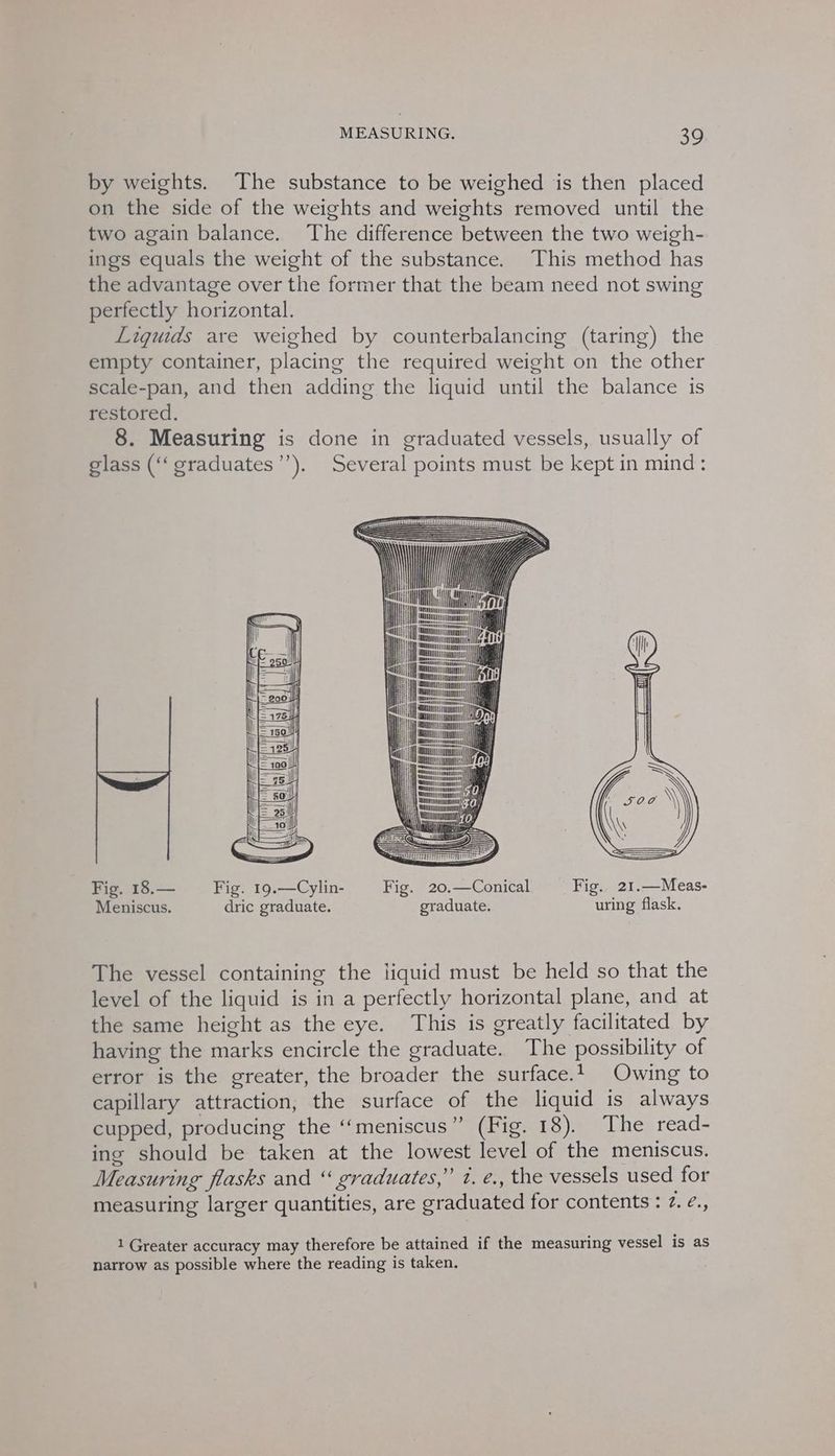 by weights. The substance to be weighed is then placed on the side of the weights and weights removed until the two again balance. The difference between the two weigh- ings equals the weight of the substance. This method has the advantage over the former that the beam need not swing perfectly horizontal. Liquids are weighed by counterbalancing (taring) the empty container, placing the required weight on the other scale-pan, and then adding the liquid until the balance is restored. 8. Measuring is done in graduated vessels, usually of glass (‘‘graduates’’). Several points must be kept in mind: } an = ilies i mi | = ma il a QQ nna “an IA Fig. 18.— Fig. 19.—Cylin- Fig. 20.—Conical Fig.. 21.—Meas- Meniscus. dric graduate. graduate. uring flask. The vessel containing the liquid must be held so that the level of the liquid is in a perfectly horizontal plane, and at the same height as the eye. This is greatly facilitated by having the mar ks encircle the graduate. The possibility of error is the greater, the broader the surface.t Owing to capillary attraction, the surface of the liquid is always cupped, producing the ‘‘meniscus” (Fig. 18). The read- ing should be taken at the lowest level of the meniscus. Measuring flasks and “ graduates,” 1. e., the vessels used for measuring larger quantities, are graduated for contents: 2. @., 1 Greater accuracy may therefore be attained if the measuring vessel is as narrow as possible where the reading is taken.