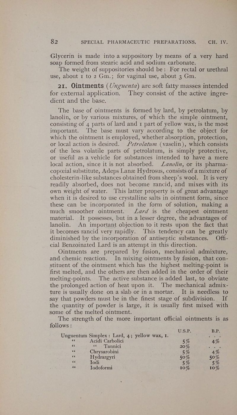 Glycerin is made into a suppository by means of a very hard soap formed from stearic acid and sodium carbonate. The weight of suppositories should be: For rectal or urethral use, about 1 to 2 Gm.; for vaginal use, about 3 Gm. 21. Ointments (Unguenta) are soft fatty masses intended for external application. They consist of the active ingre- dient and the base. The base of ointments is formed by lard, by petrolatum, by lanolin, or by various mixtures, of which the simple ointment, consisting of 4 parts of lard and 1 part of yellow wax, is the most important. The base must vary according to the object for which the ointment is employed, whether absorption, protection, or local action is desired. Petrolatum (vaselin), which consists of the less volatile parts of petrolatum, is simply protective, or useful as a vehicle for substances intended to have a mere local action, since it is not absorbed. ZLanoln, or its pharma- copceial substitute, Adeps Lanze Hydrosus, consists of a mixture of cholesterin-like substances obtained from sheep’s wool. It is very readily absorbed, does not become rancid, and mixes with its own weight of water. ‘This latter property is of great advantage when it is desired to use crystalline salts in ointment form, since these can be incorporated in the form of solution, making a much smoother ointment. Lard is the cheapest ointment material. It possesses, but in a lesser degree, the advantages of lanolin. An important objection to it rests upon the fact that it becomes rancid very rapidly. This tendency can be greatly diminished by the incorporation of antiseptic substances. Offi- cial Benzoinated Lard is an attempt in this direction. Ointments are prepared by fusion, mechanical admixture, and chemic reaction. In mixing ointments by fusion, that con- stituent of the ointment which has the highest melting- point is first melted, and the others are then added in the order of their melting-points. The active substance is added last, to obviate the prolonged action of heat upon it. The mechanical admix- ture is usually done ona slab or ina mortar. It is needless to say that powders must be in the finest stage of subdivision. If the quantity of powder is large, it is usually first mixed with some of the melted ointment. ; The strength of the more important official ointments is as follows : User BBs Use tentat Simplex: Lard, 4; yellow wax, I. aR Acidi Carbolici 5% 4% 6s bi 4% ee Tannicl 20% Sager oe Chrysarobini 5% 4% Ae Hydrargyri 50% 50% “Todi 5%, 5 % ig Todoformi 10% 10%