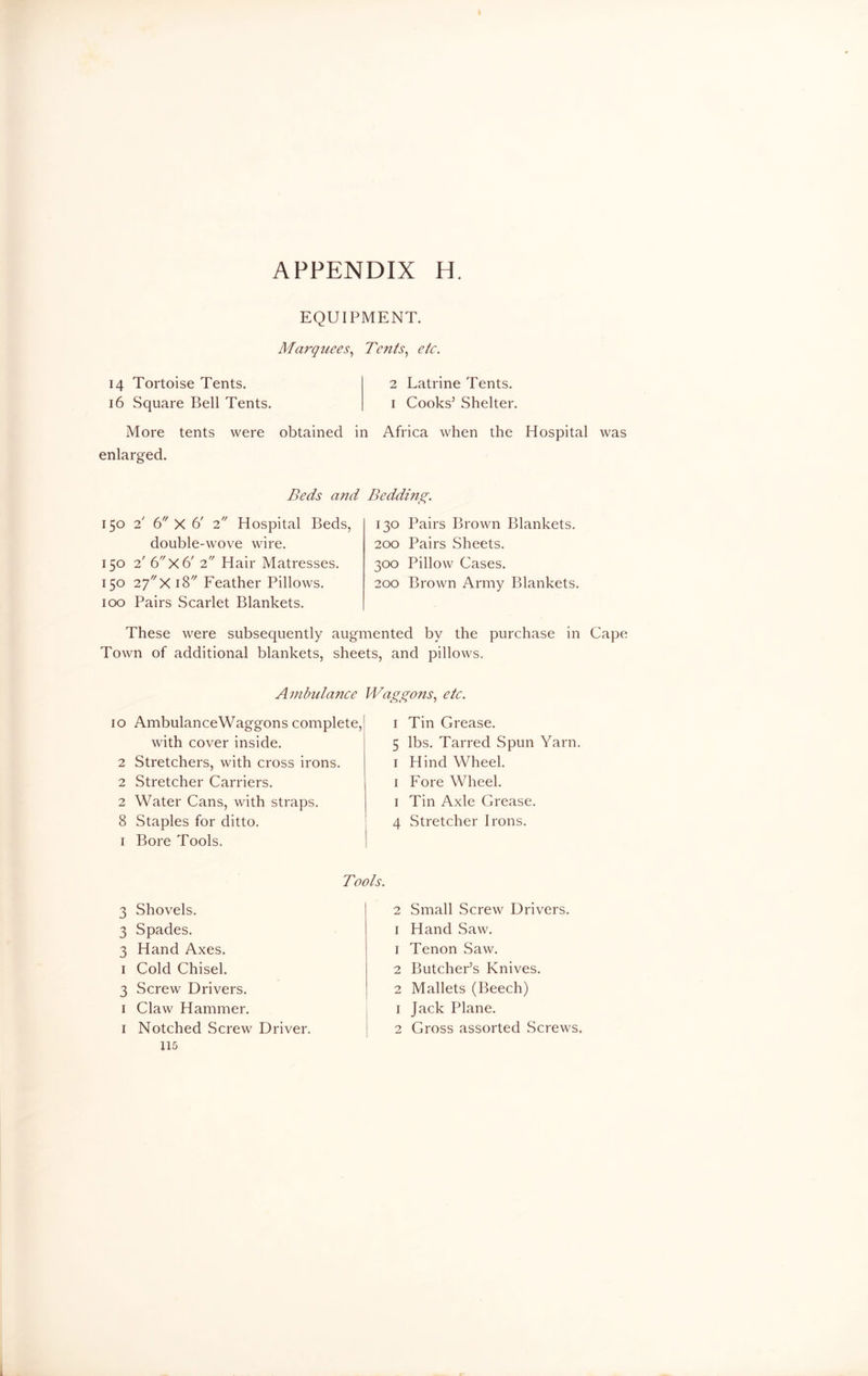 EQUIPMENT. Marquees, Tents, etc. 14 Tortoise Tents. 2 Latrine Tents. 16 Square Bell Tents. 1 Cooks’ Shelter. More tents were obtained in Africa when the Hospital enlarged. Beds and Bedding. 150 2' 6 X 6' 2 Hospital Beds, double-wove wire. 150 2' 6 X 6' 2 Hair Matresses. 150 2j X 18 Feather Pillows. 100 Pairs Scarlet Blankets. 130 Pairs Brown Blankets. 200 Pairs Sheets. 300 Pillow Cases. 200 Brown Army Blankets. These were subsequently augmented by the purchase in Town of additional blankets, sheets, and pillows. 10 2 2 2 8 1 3 3 3 1 3 1 1 Ambulance Waggons, etc. AmbulanceWaggons complete,1 with cover inside. Stretchers, with cross irons. Stretcher Carriers. Water Cans, with straps. Staples for ditto. Bore Tools. 1 Tin Grease. 5 lbs. Tarred Spun Yarn. 1 Hind Wheel. 1 Fore Wheel. 1 Tin Axle Grease. 4 Stretcher Irons. Shovels. Spades. Hand Axes. Cold Chisel. Screw Drivers. Claw Hammer. Notched Screw Driver. 115 Tools. 2 Small Screw Drivers. 1 Hand Saw. 1 Tenon Saw. 2 Butcher’s Knives. 2 Mallets (Beech) 1 Jack Plane. 2 Gross assorted Screws. was Cape