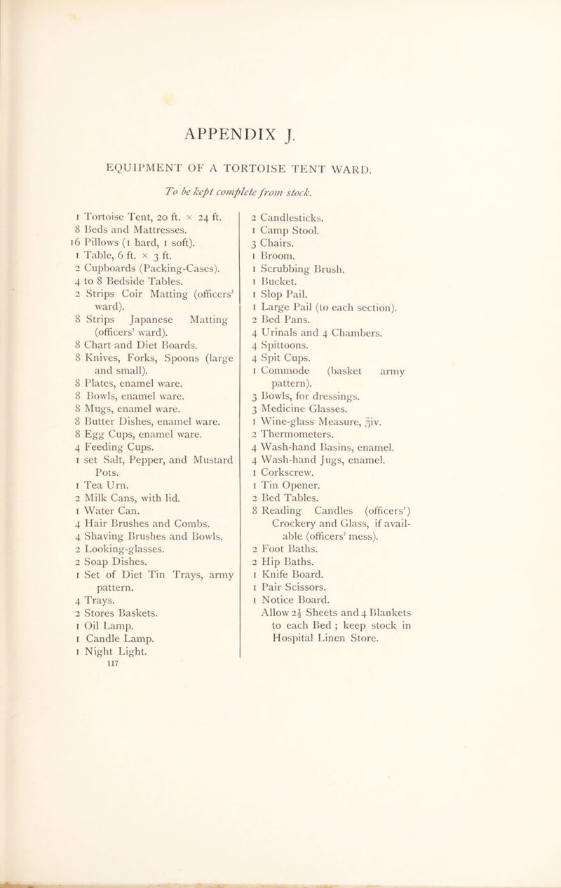 EQUIPMENT OF A TORTOISE TENT WARD. To be kept complete from stock. i Tortoise Tent, 20 ft. x 24 ft. 8 Beds and Mattresses. 16 Pillows (1 hard, 1 soft). 1 Table, 6 ft. x 3 ft. 2 Cupboards (Packing-Cases). 4 to 8 Bedside Tables. 2 Strips Coir Matting (officers’ ward). 8 Strips Japanese Matting (officers’ ward). 8 Chart and Diet Boards. 8 Knives, Forks, Spoons (large and small). 8 Plates, enamel ware. 8 Bowls, enamel ware. 8 Mugs, enamel ware. 8 Butter Dishes, enamel ware. 8 Egg Cups, enamel ware. 4 Feeding Cups. 1 set Salt, Pepper, and Mustard Pots. 1 Tea Urn. 2 Milk Cans, with lid. 1 Water Can. 4 Hair Brushes and Combs. 4 Shaving Brushes and Bowls. 2 Looking-glasses. 2 Soap Dishes. 1 Set of Diet Tin Trays, army pattern. 4 Trays. 2 Stores Baskets. 1 Oil Lamp. 1 Candle Lamp. 1 Night Light. 117 2 Candlesticks. 1 Camp Stool. 3 Chairs. 1 Broom. 1 Scrubbing Brush. 1 Bucket. 1 Slop Pail. 1 Large Pail (to each section). 2 Bed Pans. 4 Urinals and 4 Chambers. 4 Spittoons. 4 Spit Cups. 1 Commode (basket army pattern). 3 Bowls, for dressings. 3 Medicine Glasses. 1 Wine-glass Measure, jiv. 2 Thermometers. 4 Wash-hand Basins, enamel. 4 Wash-hand Jugs, enamel. 1 Corkscrew. 1 Tin Opener. 2 Bed Tables. 8 Reading Candles (officers’) Crockery and Glass, if avail- able (officers’ mess). 2 Foot Baths. 2 Hip Baths. 1 Knife Board. 1 Pair Scissors. 1 Notice Board. Allow 2| Sheets and 4 Blankets to each Bed ; keep stock in Hospital Linen Store.