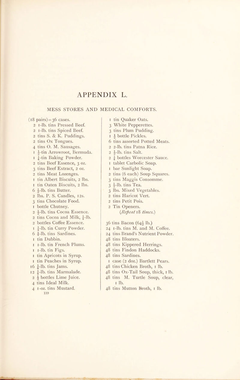 MESS STORES AND MEDICAL COMFORTS. (18 pairs) = 36 cases. 2 1-lb. tins Pressed Beef. 2 1-lb. tins Spiced Beef. 2 tins S. & K. Puddings. 2 tins Ox Tongues. 4 tins O. M. Sausages. 1 Tptin Arrowroot, Bermuda. 1 J-tin Baking Powder. 2 tins Beef Essence, 3 oz. 3 tins Beef Extract, 2 oz. 2 tins Meat Lozenges. 1 tin Albert Biscuits, 2 lbs. 1 tin Oaten Biscuits, 2 lbs. 6 |-lb. tins Butter. 2 lbs. P. S. Candles, 12s. 3 tins Chocolate Food. 1 bottle Chutney. 2 ^-lb. tins Cocoa Essence. 2 tins Cocoa and Milk, J-lb. 2 bottles Coffee Essence. 1 j-lb. tin Curry Powder. 6 ?-lb. tins Sardines. 1 tin Dubbin. 1 1-lb. tin French Plums. 1 1-lb. tin Figs. 1 tin Apricots in Syrup. 1 tin Peaches in Syrup. 16 j-lb. tins Jams. 12 iplb. tins Marmalade. 2 t? bottles Lime Juice. 4 tins Ideal Milk. 119 1 tin Quaker Oats. 3 White Pepperettes. 3 tins Plum Pudding. 1 ^ bottle Pickles. 6 tins assorted Potted Meats. 2 2-lb. tins Patna Rice. 2 Vlb. tins Salt. 2 j bottles Worcester Sauce. 1 tablet Carbolic Soap. 1 bar Sunlight Soap. 2 tins (6 each) Soup Squares. 3 tins Maggis Consomme. 3 -j-lb. tins Tea. 3 lbs. Mixed Vegetables. 2 tins Haricot Vert. 2 tins Petit Pois. 2 Tin Openers. (.Repeat 18 times.) 36 tins Bacon (64^ lb.) 24 1-lb. tins M. and M. Coffee. 24 tins Brand’s Nutrient Powder. 48 tins Bloaters. 48 tins Kippered Herrings. 48 tins Findon Haddocks. 48 tins Sardines. 1 case (2 doz.) Bartlett Pears. 48 tins Chicken Broth, 1 lb. 48 tins Ox-Tail Soup, thick, 1 lb. 48 tins M. Turtle Soup, clear, 1 lb.