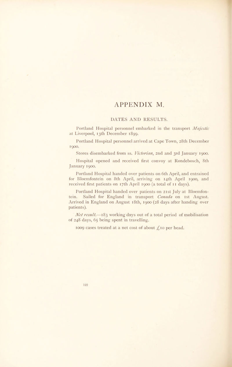 DATES AND RESULTS. Portland Hospital personnel embarked in the transport Majestic at Liverpool, 13th December 1899. Portland Hospital personnel arrived at Cape Town, 28th December 1900. Stores disembarked from ss. Victorian, 2nd and 3rd January 1900. Hospital opened and received first convoy at Rondebosch, 8th January 1900. Portland Hospital handed over patients on 6th April, and entrained for Bloemfontein on 8th April, arriving on 14th April 1900, and received first patients on 17th April 1900 (a total of 11 days). Portland Hospital handed over patients on 21st July at Bloemfon- tein. Sailed for England in transport Ca?iada on 1st August. Arrived in England on August 18th, 1900 (28 days after handing over patients). Net result.—183 working days out of a total period of mobilisation of 248 days, 65 being spent in travelling. 1009 cases treated at a net cost of about ^10 per head.