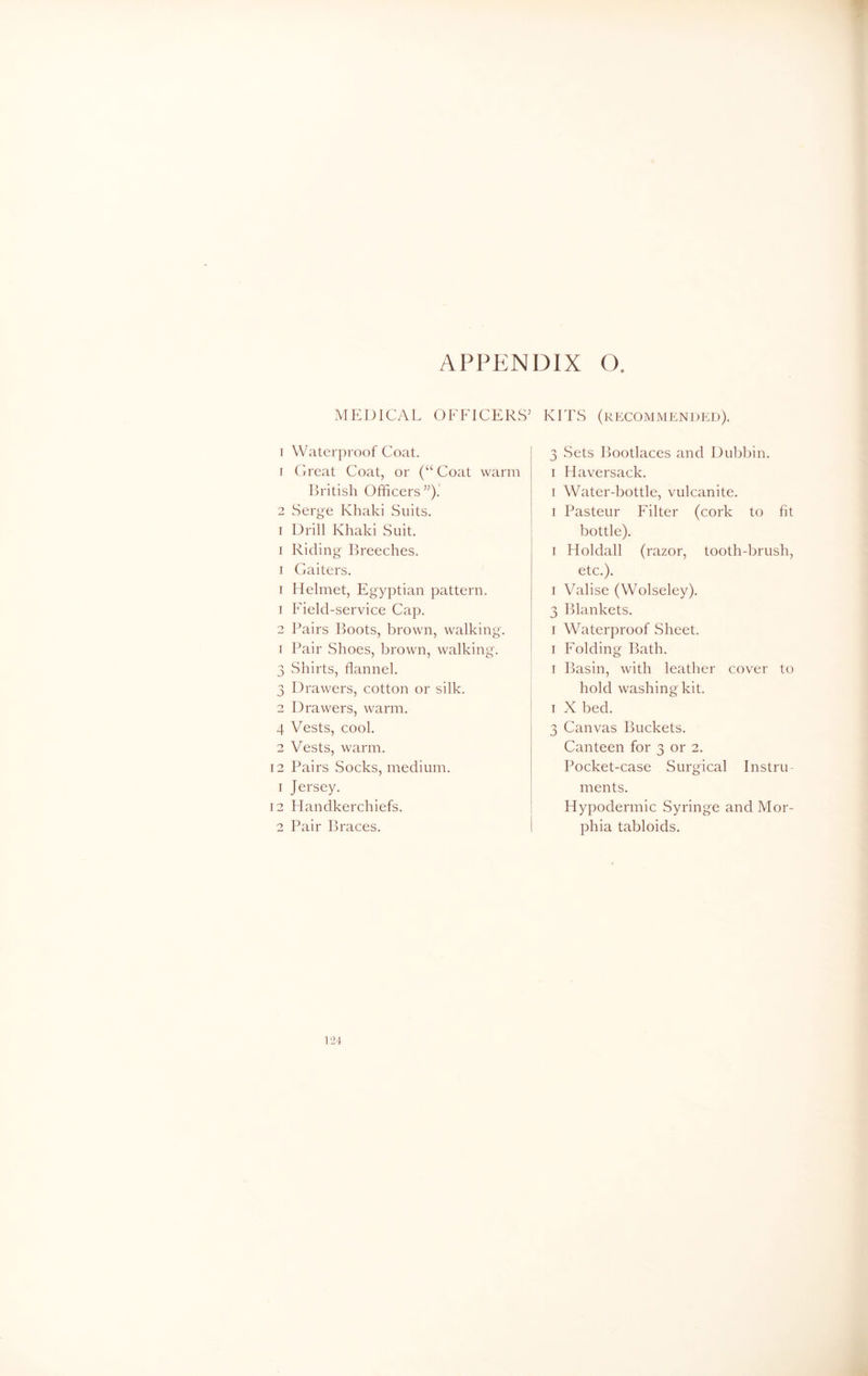 MEDICAL OFFICERS’ i Waterproof Coat. 1 Great Coat, or (“ Coat warm British Officers ”).' 2 Serge Khaki Suits, i Drill Khaki Suit. i Riding Breeches, i Gaiters. i Helmet, Egyptian pattern. 1 Field-service Cap. 2 Pairs Boots, brown, walking. 1 Pair Shoes, brown, walking. 3 Shirts, flannel. 3 Drawers, cotton or silk. 2 Drawers, warm. 4 Vests, cool. 2 Vests, warm. 12 Pairs Socks, medium. 1 Jersey. 12 Handkerchiefs. 2 Pair Braces. KITS (recommended). 3 Sets Bootlaces and Dubbin. i Haversack. i Water-bottle, vulcanite. i Pasteur Filter (cork to fit bottle). i Holdall (razor, tooth-brush, etc.). i Valise (Wolseley). 3 Blankets. I Waterproof Sheet. i Folding Bath. i Basin, with leather cover to hold washing kit. i X bed. 3 Canvas Buckets. Canteen for 3 or 2. Pocket-case Surgical Instru- ments. Hypodermic Syringe and Mor- phia tabloids.