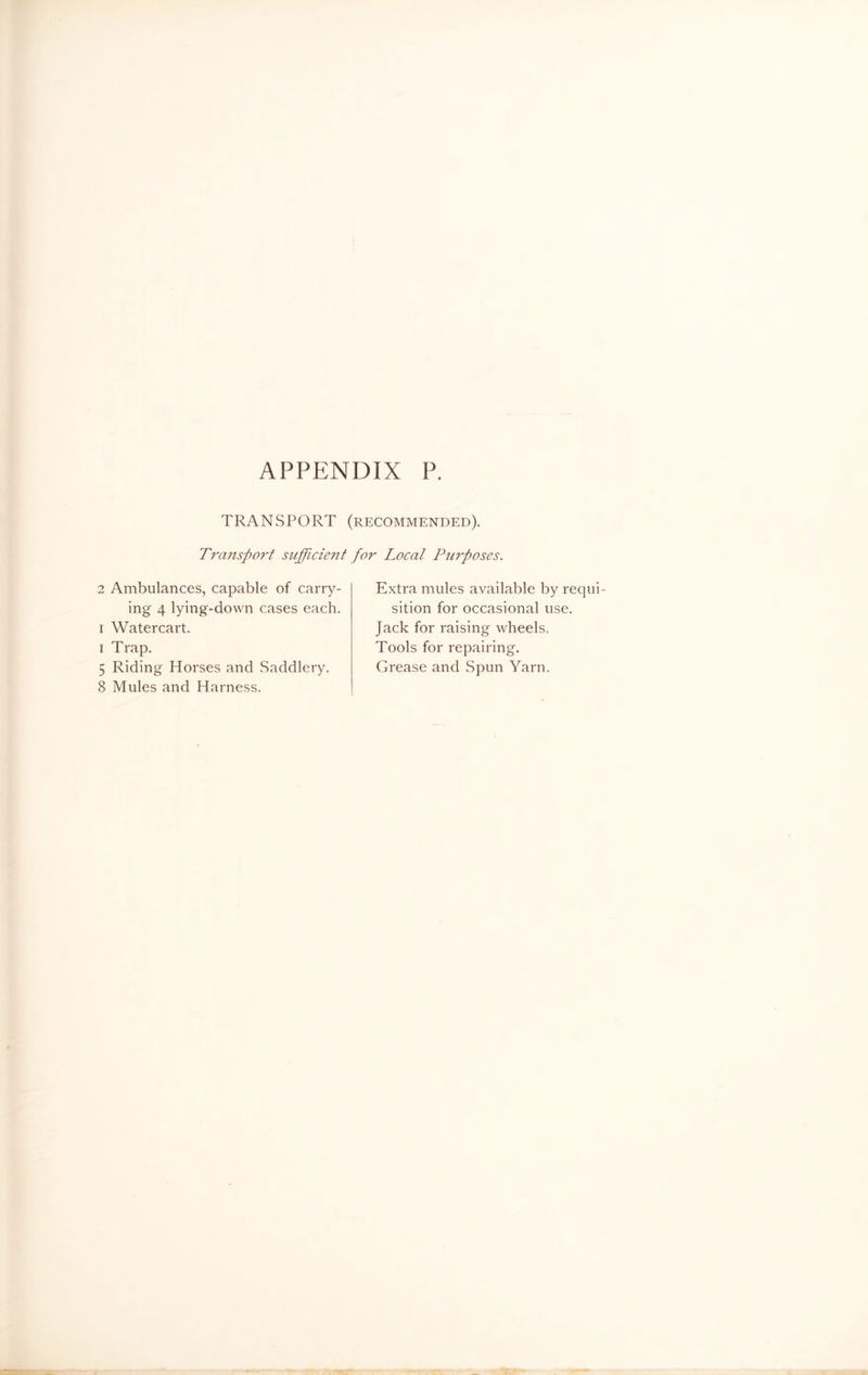 TRANSPORT (recommended). Transport sufficient for Local Purposes. 2 Ambulances, capable of carry- ing 4 lying-down cases each, i Watercart. i Trap. 5 Riding Horses and Saddlery. 8 Mules and Harness. Extra mules available by requi sition for occasional use. Jack for raising wheels. Tools for repairing. Grease and Spun Yarn.