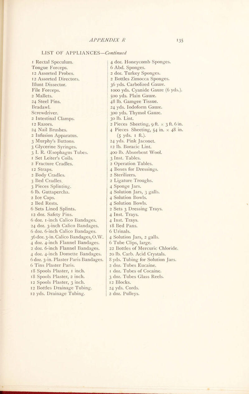 LIST OF APPLIANCES—Continued 1 Rectal Speculum. Tongue Forceps. 12 Assorted Probes. 12 Assorted Directors. Blunt Dissector. File Forceps. 2 Mallets. 24 Steel Pins. Bradawl. Screwdriver. 2 Intestinal Clamps. 12 Razors. 24 Nail Brushes. 2 Infusion Apparatus. 3 Murphy’s Buttons. 3 Glycerine Syringes. 3 I. R. CEsophagus Tubes. 1 Set Leiter’s Coils. 2 Fracture Cradles. 12 Straps. 2 Body Cradles. 3 Bed Cradles.. 3 Pieces Splinting. 6 lb. Guttapercha. 2 Ice Caps. 2 Bed Rests. 6 Sets Lined Splints. 12 doz. Safety Pins. 6 doz. 1-inch Calico Bandages. 24 doz. 3-inch Calico Bandages. 6 doz. 6-inch Calico Bandages. 36 doz. 3-in. Calico Bandages, O.W. 4 doz. 4-inch Flannel Bandages. 2 doz. 6-inch Flannel Bandages. 4 doz. 4-inch Domette Bandages. 6 doz. 3-in. Plaster Paris Bandages. 6 Tins Plaster Paris. 18 Spools Plaster, 1 inch. 18 Spools Plaster, 2 inch. 12 Spools Plaster, 3 inch. 12 Bottles Drainage Tubing. 12 yds. Drainage Tubing. 4 doz. Honeycomb Sponges. 6 Abd. Sponges. 2 doz. Turkey Sponges. 2 Bottles Zimocca Sponges. 36 yds. Carbolized Gauze. 1000 yds. Cyanide Gauze (6 yds.). 500 yds. Plain Gauze. 48 lb. Gamgee Tissue. 24 yds. Iodoform Gauze. 300 yds. Thymol Gauze. 30 lb. Lint. 2 Pieces Sheeting, 9 ft. x 3 ft. 6 in. 4 Pieces Sheeting, 54 in. x 48 in. (5 yds. 1 ft.). 24 yds. Pink Jaconet. 12 lb. Boracic Lint. 400 lb. Absorbent Wool. 3 Inst. Tables. 2 Operation Tables. 4 Boxes for Dressings. 2 Sterilizers. 2 Ligature Troughs. 4 Sponge Jars. 4 Solution Jars, 3 galls. 4 Solution Bowls. 4 Solution Bowls. 2 Sets 3 Dressing Trays. 4 Inst. Trays. 4 Inst. Trays. 18 Bed Pans. 6 Urinals. 4 Solution Jars, 2 galls. 6 Tube Clips, large. 22 Bottles of Mercuric Chloride. 20 lb. Carb. Acid Crystals. 8 yds. Tubing for Solution Jars. 2 doz. Tubes Eucaine. 1 doz. Tubes of Cocaine. 3 doz. Tubes Glass Reels. 12 Blocks. 24 yds. Cords. 2 doz. Pulleys.