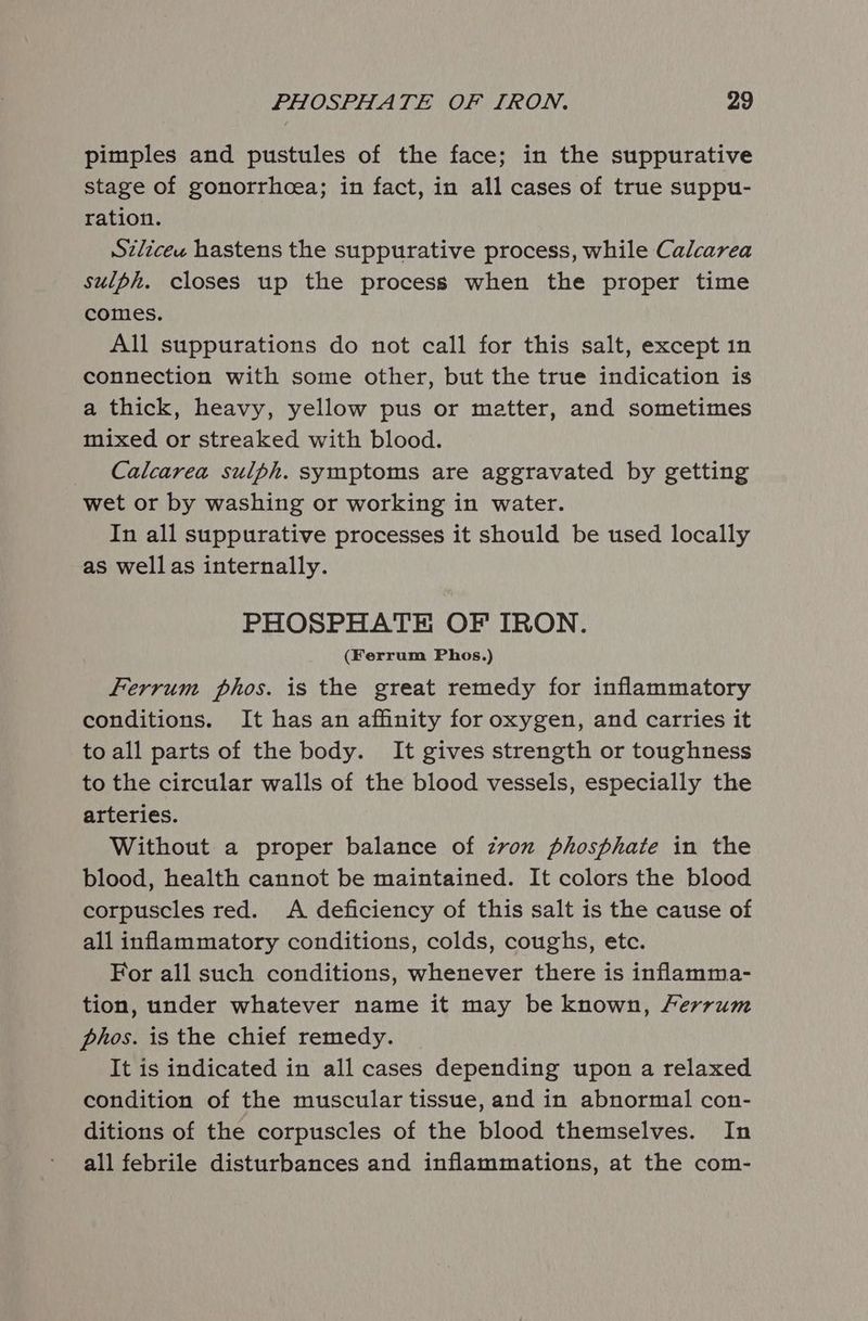 pimples and pustules of the face; in the suppurative stage of gonorrhoea; in fact, in all cases of true suppu- ration. Szliceu hastens the suppurative process, while Calcarea sulph. closes up the process when the proper time comes. All suppurations do not call for this salt, except in connection with some other, but the true indication is a thick, heavy, yellow pus or matter, and sometimes mixed or streaked with blood. _ Calcarea sulph. symptoms are aggravated by getting wet or by washing or working in water. In all suppurative processes it should be used locally as wellas internally. PHOSPHATE OF IRON. (Ferrum Phos.) Ferrum phos. is the great remedy for inflammatory conditions. It has an affinity for oxygen, and carries it to all parts of the body. It gives strength or toughness to the circular walls of the blood vessels, especially the arteries. Without a proper balance of zvon phosphate in the blood, health cannot be maintained. It colors the blood corpuscles red. A deficiency of this salt is the cause of all inflammatory conditions, colds, coughs, etc. For all such conditions, whenever there is inflamma- tion, under whatever name it may be known, Ferrum phos. is the chief remedy. It is indicated in all cases depending upon a relaxed condition of the muscular tissue, and in abnormal con- ditions of the corpuscles of the blood themselves. In all febrile disturbances and inflammations, at the com-