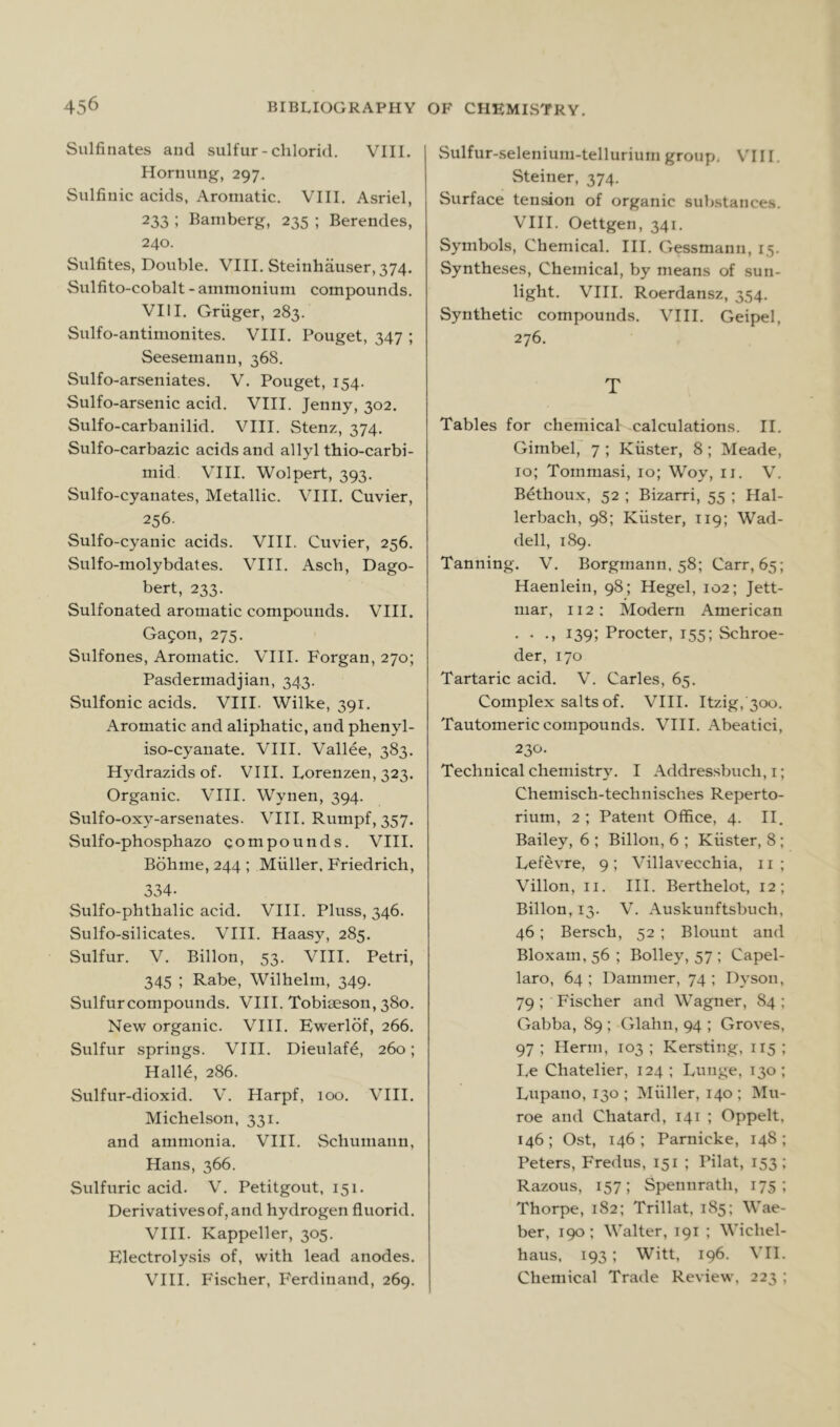 Sulfinates and sulfur-chlorid. VIII. Hornung, 297. Sulfinic acids, Aromatic. VIII. Asriel, 233 ; Bamberg, 235 ; Berendes, 240. Sulfites, Double. VIII. Steinhauser, 374. Sulfito-cobalt - ammonium compounds. VIII. Griiger, 283. Sulfo-antimonites. VIII. Pouget, 347 ; Seesemann, 368. Sulfo-arseniates. V. Pouget, 154. Sulfo-arsenic acid. VIII. Jenny, 302. Sulfo-carbanilid. VIII. Stenz, 374. Sulfo-carbazic acids and allyl thio-carbi- mid VIII. Wolpert, 393. Sulfo-cyanates, Metallic. VIII. Cuvier, 256. Sulfo-cyanic acids. VIII. Cuvier, 256. Sulfo-molybdates. VIII. Asch, Dago- bert, 233. Sulfonated aromatic compounds. VIII. Ga^on, 275. Sulfones, Aromatic. VIII. Forgan, 270; Pasdermadjian, 343. Sulfonic acids. VIII. Wilke, 391. Aromatic and aliphatic, and phenyl- iso-cyanate. VIII. Vallee, 383. Hydrazids of. VIII. Lorenzen, 323. Organic. VIII. Wynen, 394. Sulfo-oxy-arsenates. VIII. Rumpf, 357. Sulfo-phosphazo compounds. VIII. Bdhme,244; Muller. Friedrich, 334. Sulfo-phthalic acid. VIII. Pluss, 346. Sulfo-silicates. VIII. Haasy, 285. Sulfur. V. Billon, 53. VIII. Petri, 345 ; Rabe, Wilhelm, 349. Sulfur compounds. VIII. Tobiaeson, 380. New organic. VIII. Ewerlof, 266. Sulfur springs. VIII. Dieulafe, 260; Hall^, 286. Sulfur-dioxid. V. Harpf, 100. VIII. Michelson, 331. and ammonia. VIII. Schumann, Hans, 366. Sulfuric acid. V. Petitgout, 151. Derivatives of, and hydrogen fluorid. VIII. Kappeller, 305. Electrolysis of, with lead anodes. VIII. Fischer, Ferdinand, 269. Sulfur-seleniuni-tellurium group. VIII, Steiner, 374. Surface tension of organic sub.stances. VIII. Oettgen, 341. Symbols, Chemical. III. Gessmann, 15. Synthe.ses, Chemical, by means of sun- light. VIII. Roerdansz, 354. Synthetic compounds. VIII. Geipel, 276. T Tables for chemical calculations. II. Gimbel, 7 ; Kiister, 8; Meade, 10; Tommasi, 10; Woy, ii. V. Bethoux, 52 ; Bizarri, 55 ; Hal- lerbach, 98; Kiister, T19; Wad- dell, 189. Tanning. V. Borgrnann. 58; Carr, 65; Haenlein, 98; Hegel, 102; Jett- niar, 112 : Modem American . . ., 139; Procter, 155; Schroe- der, 170 Tartaric acid. V. Carles, 65. Complex salts of. VIH. Itzig, 300. Tautomeric compounds. VIII. .Abeatici, 230. Technical chemistr}'. I Addressbuch, i; Cheniisch-technisches Reperto- rium, 2 ; Patent Office, 4. II, Bailey, 6 ; Billon, 6 ; Kiister, 8; Lefevre, 9; Villavecchia, 11 ; Villon, II. HI. Berthelot, 12; Billon, 13. V. Auskunftsbuch, 46; Bersch, 52 ; Blount and Bloxam, 56 ; Bolley, 57 ; Capel- laro, 64 ; Dammer, 74 ; Dyson, 79 ; Fischer and Wagner, 84 ; Gabba, 89 ; Glahn, 94 ; Groves, 97 ; Herm, 103 ; Kersting, 115 ; I.e Chatelier, 124 ; Lunge, 130; Lupano, 130 ; Miiller, 140 ; Mu- roe and Chatard, 141 ; Oppelt, 146; Ost, 146; Parnicke, 148; Peters, Fredus, 151 ; Pilat, 153; Razous, 157; Spennrath, 175; Thorpe, 182; Trillat, 185: Wae- ber, 190; Walter, 191 ; Wichel- haus, 193; Witt, 196. VII. Chemical Trade Review, 223 ;