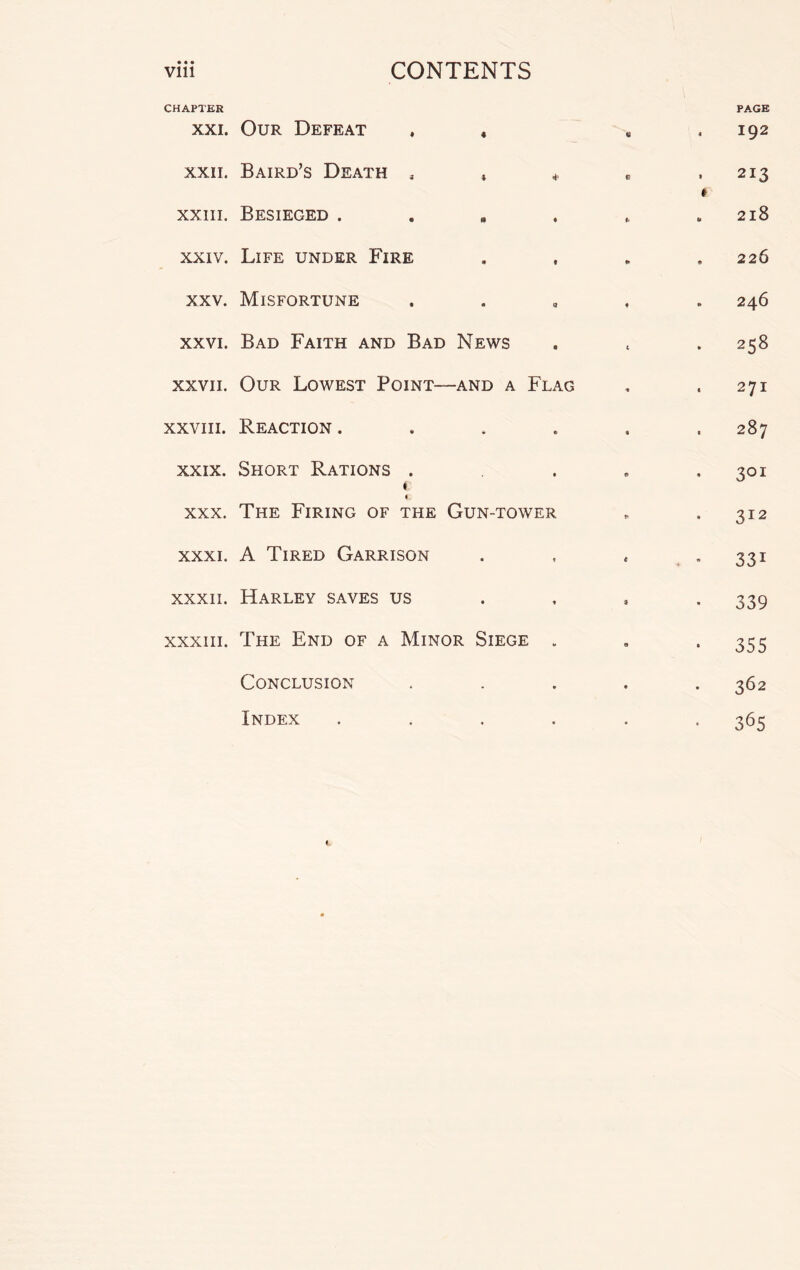 CHAPTER XXI. Our Defeat 4 PAGE 192 XXII. Baird’s Death , 4 * e A 213 XXIII. Besieged . 0 * 2l8 XXIV. Life under Fire • • © 226 XXV. Misfortune « CJ ♦ 246 XXVI. Bad Faith and Bad News « c 258 XXVII. Our Lowest Point- -and a Flag * 271 XXVIII. Reaction . * • « 287 XXIX. Short Rations . a • © 3QI XXX. * The Firing of the Gun-tower t 312 XXXI. A Tired Garrison • 1 t 4 * 33i XXXII. Harley saves us • t 9 339 XXXIII. The End of a Minor Siege • a 355 Conclusion • • • • 362 Index • • • • 365