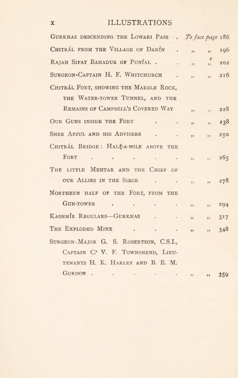 Gurkhas descending the Lowari Pass ChitrAl from the Village of Danin Rajah Sifat Bahadur of PuNfAL . Surgeon-Captain H. F. Whitchurch ChitrAl Fort, showing the Marble Rock, the Water-tower Tunnel, and the Remains of Campbell’s Covered Way Our Guns inside the Fort Sher Afzul and his Advisers Chitral Bridge : Hal^-a-mile above the Fort . The little Mehtar and the Chief of our Allies in the Siege Northern half of the Fort, from the Gun-tower . Kashmir Regulars—Gurkhas The Exploded Mine Surgeon-Major G. S. Robertson, C.S.I., Captain C.* V. F. Townshend, Lieu- tenants H. K. Harley and B. E. M. To face page 186 ,, ,, 196 t- >> 53 202 ,, ,, 216 33 238 33 250 33 265 „ 278 33 294 33 3U 33 348 1 Gurdon . 33 33 3 5 9