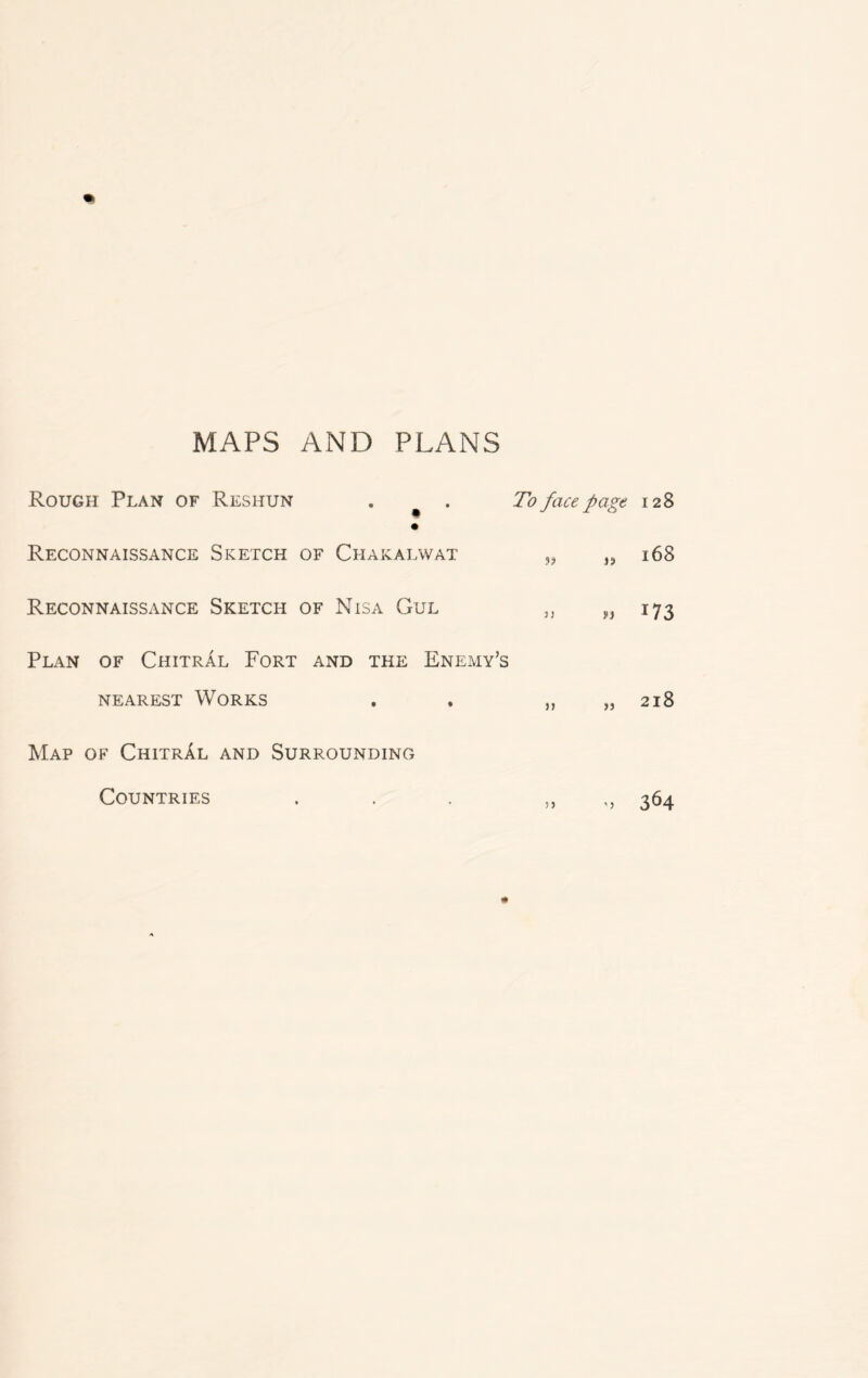 MAPS AND PLANS Rough Plan of Reshun . . To face page 128 Reconnaissance Sketch of Chakalwat „ Js 168 Reconnaissance Sketch of Nisa Gul ,, „ 173 Plan of Chitral Fort and the Enemy’s nearest Works . „ „ 218 Map of ChitrAl and Surrounding Countries 5) 364
