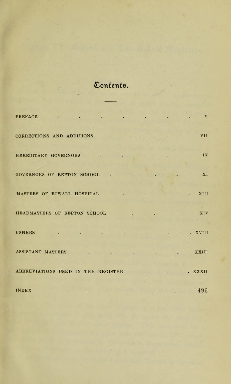 Contente PREFACE CORRECTIONS AND ADDITIONS HEREDITARY GOVERNORS GOVERNORS OF REPTON SCHOOL MASTERS OF ETWALL HOSPITAL HEADMASTERS OF REPTON SCHOOL USHERS ASSISTANT MASTERS ABBREVIATIONS USED IN THE REGISTER INDEX VII IX XI XIII XIV . XVIII XXIII . XXXII 496