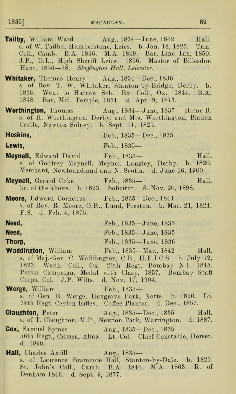 Tailby, William Ward Aug., 1834—June, 1842 Hall, s. of W. Tailby, Humberstone, Leics. b. Jan. 18, 1825. Trin. Coll., Camb. B.A. 1846. M.A. 1849. Bar, Line. Inn, 1850. J.P., D.L., High Sheriff Leics. 1856. Master of Billesdon Hunt, 1856—78. Skeffi.n(jton HaU, Leicester. Whitaker, Thomas Henry Aug., 1834—Dec., 1836 s. of Rev. T. W. Whitaker, Stanton-by-Bridge, Derby, b. 1826. Went to Harrow Sch. Ex. Coll., Ox. 1844. B.A. 1848. Bar, Mid. Temple, 1851. d. Apr. 9, 1873. Worthington, Thomas Aug., 1834—June, 1837 Home B. s. of H. Worthington, Derby, and Mrs. Worthington, Bladon Castle, Newton Solney. b. Sept. 11, 1825. Hoskins, Feb., 1835—Dec., 1835 Lewis, Feb., 1835— Meynell, Edward David Feb., 1835— Hall, s. of Godfrey Meynell, Meynell Langley, Derby, b. 1820. Merchant, Newfoundland and N. Scotia, d. June 16, 1900. Meynell, Gerard Coke Feb., 1835— Hall, br. of the above, b. 1823. Solicitor, d. Nov. 20, 1898. Moore, Edward Cornelius Feb., 1835—Dec., 1841 s. of Rev. R. Moore, O.R., Lund, Preston, b. Mar. 21, 1824. F.S. d. Feb. 4, 1875. Need, Need, Thorp, Waddington, William Feb., 1835—June, 1835 Feb., 1835—June, 1835 Feb., 1835—June, 1836 Feb., 1835—Mar., 1842 s. of xMaj.-Gen. C. Waddington, C.B., H.E.I.C.S. 1823. Wadh. Coll., Ox. 20th Regt. Bombay Persia Campaign, Medal with Clasp, 1857. Corps, Col. J.P. Wilts, d. Nov. 17, 1904. Hall, b. July 12, N.I. 1845. Bombay Staff Werge, William Feb., 1835— s. of Gen. E. Werge, Hexgrave Park, Notts, b. 1820. Lt. 24th Regt. Ceylon Rifles. Coffee Planter, d. Dec., 1857. Claughton, Peter Aug., 1836—Dec., 1835 Hall, s. of T. Claughton, M.P., Newton Park, Warrington, d. 1887. Cox, Samuel Symes Aug., 1836—Dec., 1835 56th Regt., Crimea, Alma, Lt.-Col. Chief Constable, Dorset, d. 1890. Hall, Charles Antill Aug., 1835— s. of Laurence Bramcote Hall, Stanton-by-Dale. b. 1821. St. John’s Coll., Camb. B.A. 1844. M.A. 1863. R. of Denham 1846. d. Sept. 9, 1877.