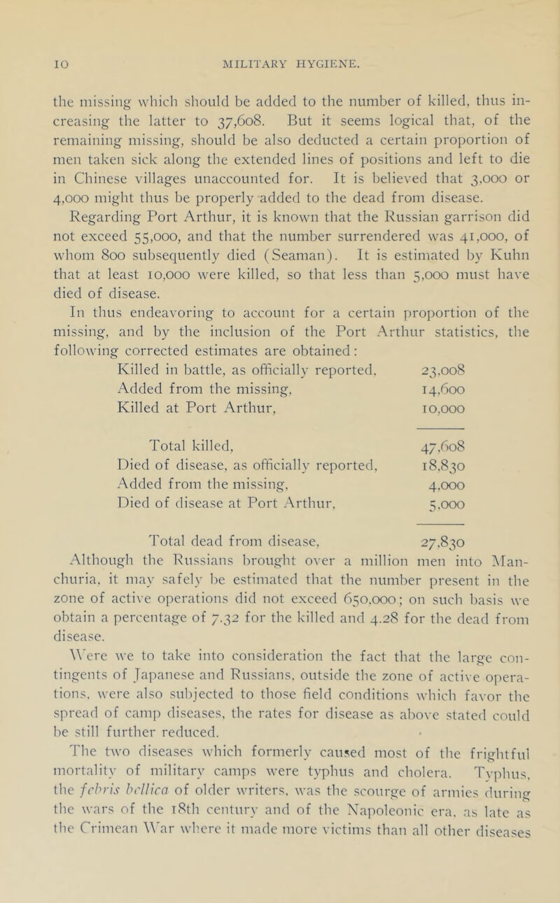 the missing which sliotilcl be added to the number of killed, thus in- creasing the latter to 37,608. But it seems logical that, of the remaining missing, should be also deducted a certain proportion of men taken sick along the extended lines of positions and left to die in Chinese villages unaccounted for. It is believed that 3,000 or 4,000 might thus be properly added to the dead from disease. Regarding Port Arthur, it is known that the Russian garrison did not exceed 55,000, and that the number surrendered was 41,000, of whom 800 subsequently died (Seaman). It is estimated by Kuhn that at least 10,000 were killed, so that less than 5,000 must have died of disease. In thus endeavoring to account for a certain proportion of the missing, and by the inclusion of the Port Arthur statistics, the following corrected estimates are obtained: Killed in battle, as officially reported. 23.008 Added from the missing, 14.600 Killed at Port Arthur, 10,000 Total killed. Died of disease, as officially reported. Added from the missing. Died of disease at Port Arthur. 47,608 18.830 4.000 5.000 27.830 Total dead from disease. Although the Russians brought over a million men into iNIan- churia, it may safely be estimated that the number present in the zone of active operations did not exceed 650.000; on such basis we obtain a percentage of 7.32 for the killed and 4.28 for the dead from disease. \\'ere we to take into consideration the fact that the large con- tingents of Japanese and Russians, outside the zone of active opera- tions. were also subjected to those field conditions which favor the spread of camp diseases, the rates for disease as above stated could be still further reduced. The two diseases which formerly caused most of the frightful mortality of military camps were typhus and cholera. Typhus, the fchris hcUica of older writers, was the scourge of armies during the wars of the T8th century and of the Napoleonic era. as late as the Crimean War where it made more victims than all other diseases