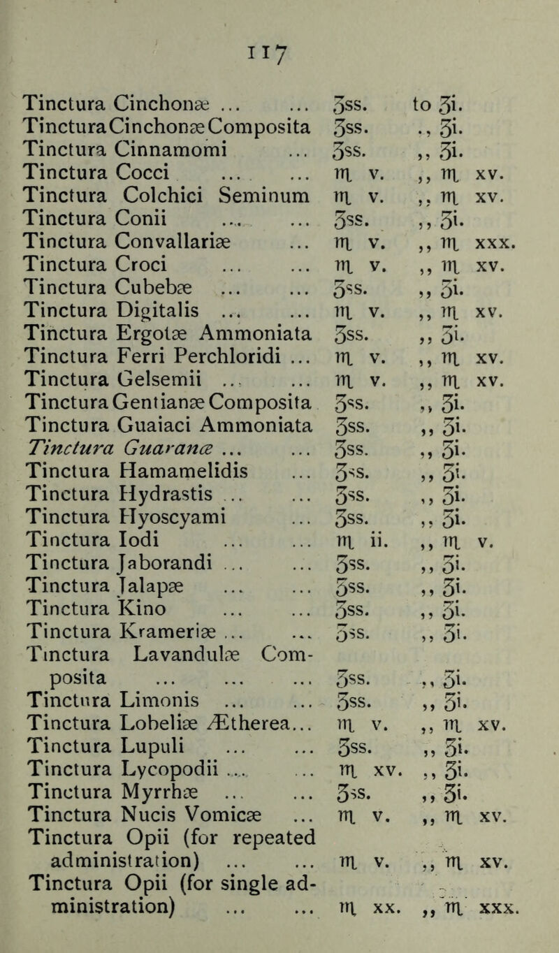 Tinctura Cinchona; ... 5ss. to 3i. TincturaCinchonseComposita 3ss. .,3i. Tinctura Cinnamomi 3ss. „ 3i. Tinctura Cocci m V. ,, HI XV. Tinctura Colchici Seminum tn. V. ,, HI XV. Tinctura Conii 3‘5S. ,, 3i- Tinctura Convallariae HI V. ,, HI XXX. Tinctura Croci TTl V. ,, HI XV. Tinctura Cubeb^e 3ss. 3i* Tinctura Digitalis ... HI V. ,, TTl XV. Tinctura Ergotse Ammoniata 3ss. ,, 3i- Tinctura Ferri Perchloridi ... HI V. ,, HI XV. Tinctura Gelsemii HI V. ,, HI XV. Tinctura Gentianse Composita 3ss. ,> 3i. Tinctura Guaiaci Ammoniata 3ss. Tinctura Guarancc ... 3ss. ,, 3i- Tinctura Hamamelidis 3^s. ,, 3i- Tinctura Hydrastis .. 3^s. „3i. Tinctura Hyoscyami 3ss. ,, 3i- Tinctura lodi HI ii. ,, m V. Tinctura Jaborandi .. 3ss. M 3i. Tinctura Jalapae 3ss. „3i. Tinctura Kino 3ss. „3i. Tinctura Krameriae ... OSS. ,, 3i- Tinctura Lavandulae Com- posita 3ss. 3i- Tinctura Limonis 3ss. ,, 3i- Tinctura Lobeliae /Etherea... HI V. ,, m XV. Tinctura Lupuli 3ss. 3i* Tinctura Lycopodii ... HI XV. ,, 3i. Tinctura Myrrhae .. 3ss. ,, 3i- Tinctura Nucis Vomicae HI V. ,, HI XV. Tinctura Opii (for repeated administration) HI V. ,, HI XV. Tinctura Opii (for single ad- ministration) Ht XX. ,,'rTi XXX.