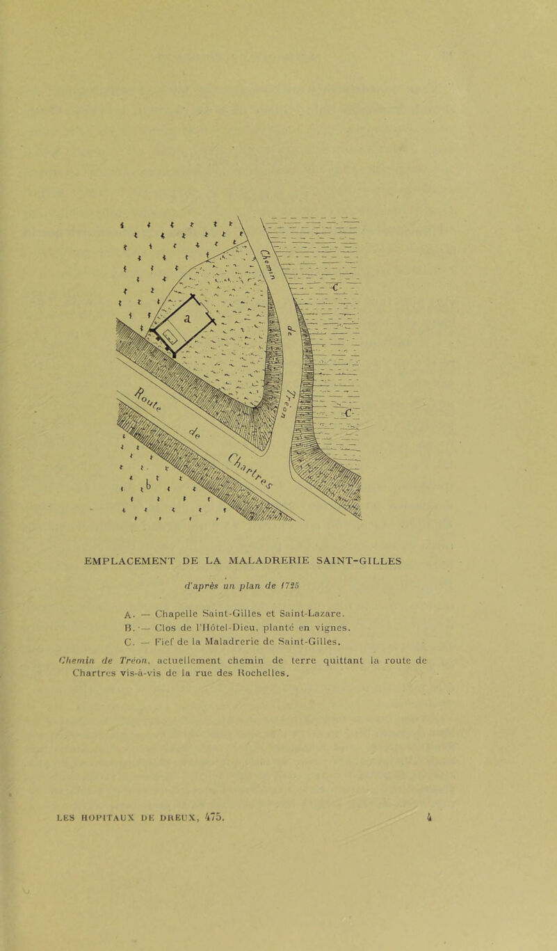 EMPLACEMENT DE LA MALADRERIE SAINT-GILLES d'après un plan de 1735 A. — Chapelle Saint-Gilles et Saint-Lazare. B. -— Clos de rilôtel-Dieu, planté en vignes. C. — Fief de la Maladrerie de Saint-Gilles. Chemin de Tréon. actuellement chemin de terre quittant la route de Chartres vis-à-vis de la rue des Kochelles. LKS HOIMTAUX DK DHEUX, 475. 4