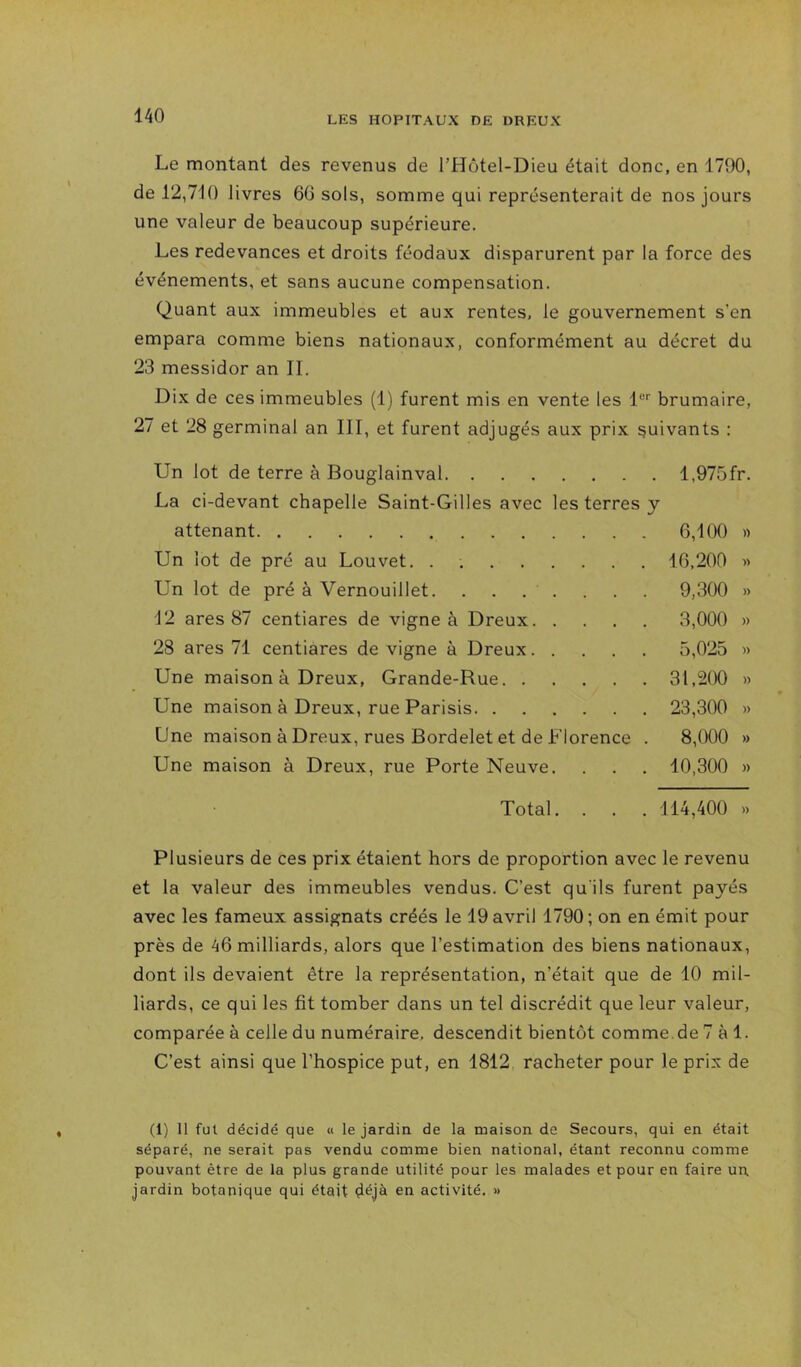 Le montant des revenus de l’Hotel-Dieu était donc, en 1790, de 12,7i0 livres 60 sols, somme qui représenterait de nos jours une valeur de beaucoup supérieure. Les redevances et droits féodaux disparurent par la force des événements, et sans aucune compensation. Quant aux immeubles et aux rentes, le gouvernement s'en empara comme biens nationaux, conformément au décret du 23 messidor an IL Dix de ces immeubles (1) furent mis en vente les 1®'' brumaire, 27 et 28 germinal an III, et furent adjugés aux prix suivants : Un lot de terre à Bouglainval La ci-devant chapelle Saint-Gilles avec les terres attenant Un lot de pré au Louvet. . Un lot de pré à Vernouillet. . . . . 12 ares 87 centiares de vigne à Dreux. . 28 ares 71 centiares de vigne à Dreux.... Une maison à Dreux, Grande-Rue Une maison à Dreux, rue Parisis Une maison à Dreux, rues Bordelet et de Florence Une maison à Dreux, rue Porte Neuve. Total. . l,975fr. 6,100 » 16,200 » 9,300 » 3.000 » 5,025 » 31,200 » 23.300 » 8.000 » 10.300 » 114,400 » Plusieurs de ces prix étaient hors de proportion avec le revenu et la valeur des immeubles vendus. C’est qu'ils furent payés avec les fameux assignats créés le 19 avril 1790; on en émit pour près de 46 milliards, alors que l’estimation des biens nationaux, dont ils devaient être la représentation, n’était que de 10 mil- liards, ce qui les fit tomber dans un tel discrédit que leur valeur, comparée à celle du numéraire, descendit bientôt comme.de 7 à 1. C’est ainsi que l’hospice put, en 1812 racheter pour le prix de (1) Il fut décidé que « le jardin de la maison de Secours, qui en était séparé, ne serait pas vendu comme bien national, étant reconnu comme pouvant être de la plus grande utilité pour les malades et pour en faire un. jardin botanique qui était <iéjà en activité. «