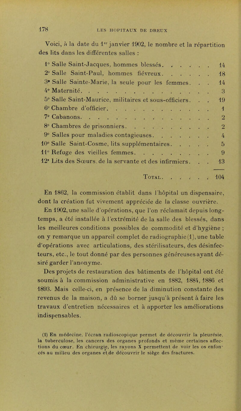 d78 Voici, à la date du 1®'janvier 1902, le nombre et la répartition des lits dans les différentes salles : 1° Salle Saint-Jacques, hommes blessés. 2° Salle Saint-Paul, hommes fiévreux. 3“ Salle Sainte-Marie, la seule pour les femmes 4® Maternité 5° Salle Saint-Maurice, militaires et sous-officiers 6“ Chambre d'officier 7° Cabanons 8® Chambres de prisonniers 9® Salles pour maladies contagieuses. 10® Salle Saint-Cosme, lits supplémentaires. 11° Refuge des vieilles femmes 12® Lits des Sœurs, de la servante et des infirmiers Total. 14 18 14 3 19 1 2 2 4 5 9 13 104 En 1862, la commission établit dans l’hôpital un dispensaire, dont la création fut vivement appréciée de la classe ouvrière. En 1902, une salle d’opérations, que l’on réclamait depuis long- temps, a été installée à l’extrémité de la salle des blessés, dans les meilleures conditions possibles de commodité et d’hygiène ; on y remarque un appareil complet de radiographie(1), une table d’opérations avec articulations, des stérilisateurs, des désinfec- teurs, etc., le tout donné par des personnes généreuses ayant dé- siré garder l’anonyme. Des projets de restauration des bâtiments de l’hôpital ont été soumis à la commission administrative en d882, 1884, 1886 et 1893. Mais celle-ci, en présence de la diminution constante des revenus de la maison, a dû se borner jusqu’à présent à faire les travaux d’entretien nécessaires et à apporter les améliorations indispensables. (1) En médecine, l’écran radioscopique permet de découvrir la pleurésie, la tuberculose, les cancers des organes profonds et même certaines affec- tions du cœur. En chirurgie, les rayons X permettent de voir les os enfon cés au milieu des organes et de découvrir le siège des fractures.