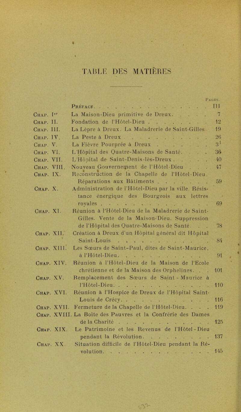 JAIUJ-: DES M/VTIKHES * I’ages. Préface HT Chap. r®'' La Maison-Dieu primitive de Dreux 7 Chap. II. Fondation de l’Hôtel-Dieu 12 Chap. III. La Lèpre à Dreux. La Maladrerie de Saint-Gilles 19 Chap. IV. La Peste à Dreux . 26 Chap. V. La Fièvre Pourprée à Dreux 3* Chap. VI. L'Hôpital des Ouatre-Maisons de Sauté. ... 36 Chap. VII. L’Hôpital de Saint-Denis-lès-Dreux 40 Chap. VIII. Nouveau Gouverneijient de l’Hôtel-Dieu ... 47 Chap. IX. Reconstruction de la Chapelle de l’Hôtel-Dieu. Réparations aux Bâtiments 59 Chap. X. Administration de l'Hôtel-Dieu par la ville. Résis- tance énergique des Boui'geois aux lettres royales . . 69 Chap. XI. Réunion à l’Hôtel-Dieu de la Maladrerie de Saint- Gilles. Vente de la Maison-Dieu. Suppression de l’Hôpital des Ouatre-Maisons de Santé. . . 78 Chap. XII. Création à Dreux d’un Hôpital général dit Hôpital Saint-Louis . 84 Chap. .\111.' Les Soeurs de Saint-Paul, dites de Saint-Maurice, à l’Hôtel-Dieu 91 Chap. XIV. Réunion à l’Hôtel-Dieu de la Maison de l’Ecole chrétienne et de la Maison des Orphelines. . . 101 Chap. XV. Remplacement des Sœurs de Saint - Maurice à l'Hôtel-Dieu 110 Chap. XVI. Réunion à l’Hospice de Dreux de l’Hôpital Saint- Louis de Crécy 116 Chap. XVII. Fermeture de la Chapelle de l’Hôtel-Dieu. . . . 119 Chap. XVIII. La Boîte des Pauvres et la Confrérie des Dames de la Charité 125 Chap. XIX. Le Patrimoine et les Revenus de l’Hôtel-Dieu pendant la Révolution 137 Chap. X.X. Situation difficile de l’Hôtel-Dieu pendant la Ré- volution 145