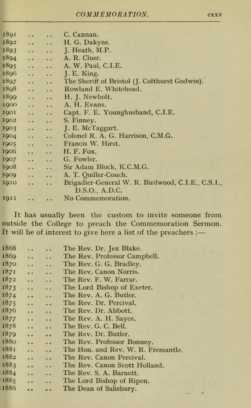 1891 1892 1893 1894 1895 1896 1897 IS98 1899 1900 1901 1902 1903 1904 1905 1906 1907 1908 1909 1910 1911 C. Caiman. H. G. Dakyns. J. Heath, M.P. A. R. Cluer. A. W. Paul, C.I.E. J. E. King. The Sheriff of Bristol (J. Colthurst Godwin). Rowland E. Whitehead. H. J. Newbolt. A. H. Evans. Capt. F. E. Younghusband, C.I.E. S. Finney. J. E. McTaggart. Colonel R. A. G. Harrison, C.M.G. Francis W. Hirst. H. F. Fox. G. Fowler. Sir Adam Block, K.C.M.G. A. T. Quiller-Couch. Brigadier-General W. R. Birdwood, C.I.E.. C.S.I., D.S.O., A.D.C. No Commemoration. It has usually been the custom to invite someone from outside the College to preach the Commemoration Sermon. It will be of interest to give here a list of the preachers :— 1868 1869 1870 1871 1872 1873 1874 1875 1876 18 77 1878 !»79 1880 1881 1882 1883 1884 1885 1886 The Rev. Dr. Jex Blake. The Rev. Professor Campbell. The Rev. G. G. Bradley. The Rev. Canon Norris. The Rev. F. W. Farrar. The Lord Bishop of Exeter. The Rev. A. G. Butler. The Rev. Dr. Percival. The Rev. Dr. Abbott. The Rev. A. H. Sayce. The Rev. G. C. Bell. The Rev. Dr. Butler. The Rev. Professor Bonney. The Hon. and Rev. W. R. Fremantle. The Rev. Canon Percival. The Rev. Canon Scott Holland. The Rev. S. A. Barnett. The Lord Bishop of Ripon. The Dean of Salisbury.