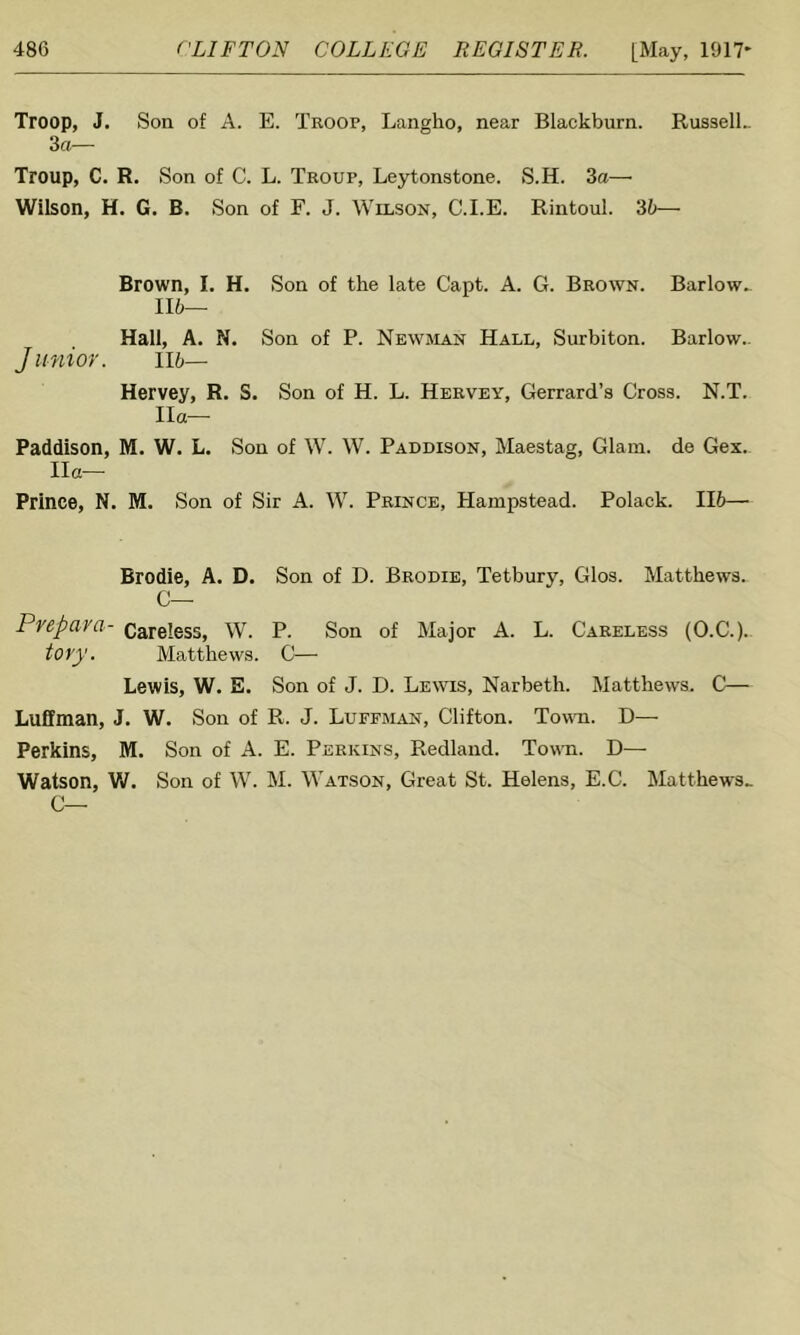 Troop, J. Son of A. E. Troop, Langho, near Blackburn. RusselL 3a— Troup, C. R. Son of C. L. Troup, Leytonstone. S.H. 3a—- Wilson, H. G. B. Son of F. J. Wilson, C.I.E. Rintoul. 36— Brown, I. H. Son of the late Capt. A. G. Brown. Barlow- 116— Hall, A. N. Son of P. Newman Hall, Surbiton. Barlow.. Jitnior. 116— Hervey, R. S. Son of H. L. Hervey, Gerrard’s Cross. N.T. Ila— Paddison, M. W. L. Son of W. W. Paddison, Maestag, Glam, de Gex. Ila— Prince, N. M. Son of Sir A. W. Prince, Hampstead. Polack. 116—- Brodie, A. D, Son of D. Brodie, Tetbury, Glos. Matthews. C— Prepara- Careless, W. P. Son of Major A. L. Careless (O.C.). tory. Matthews. C— Lewis, W. E, Son of J. D. Lewis, Narbeth. Matthews. C— Luffman, J. W. Son of R. J. Luffman, Clifton. Town. D— Perkins, M. Son of A. E. Perkins, Redland. Town. D— Watson, W. Son of W. M. Watson, Great St. Helens, E.C. Matthews- C—