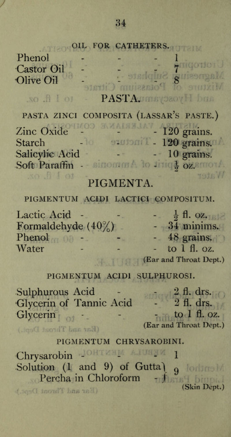 OIL FOR CATHETERS. Phenol - - - 1 Castor Oil - - - 7 Olive Oil - . 8 PASTA. PASTA ZINCI COMPOSITA (lASSAR’S PASTE. Zinc Oxide Starch Salicylic Acid Soft Paraffin - PIGMENTA -120 grains. - 120 grains. - 10 grains. i oz. PIGMENTUM ACIDI LACTICI COMPOSITUM. Lactic Acid - Formaldehyde (40%) Phenol Water fl. oz. - 34 minims. - 48 grains. - to 1 fl. oz. (Ear and Throat Dept.) PIGMENTUM ACIDI SULPHUROSI. Sulphurous Acid - - 2 fl. drs. Glycerin of Tannic Acid - 2 fl. drs. Glycerin - - - to 1 fl. oz. (Ear and Throat Dept.) PIGMENTUM CHRYSAROBINI. Chrysarobin - - - 1 Solution (1 and 9) of Gutta\ ^ Percha in Chloroform - ) (Skin Dept.)