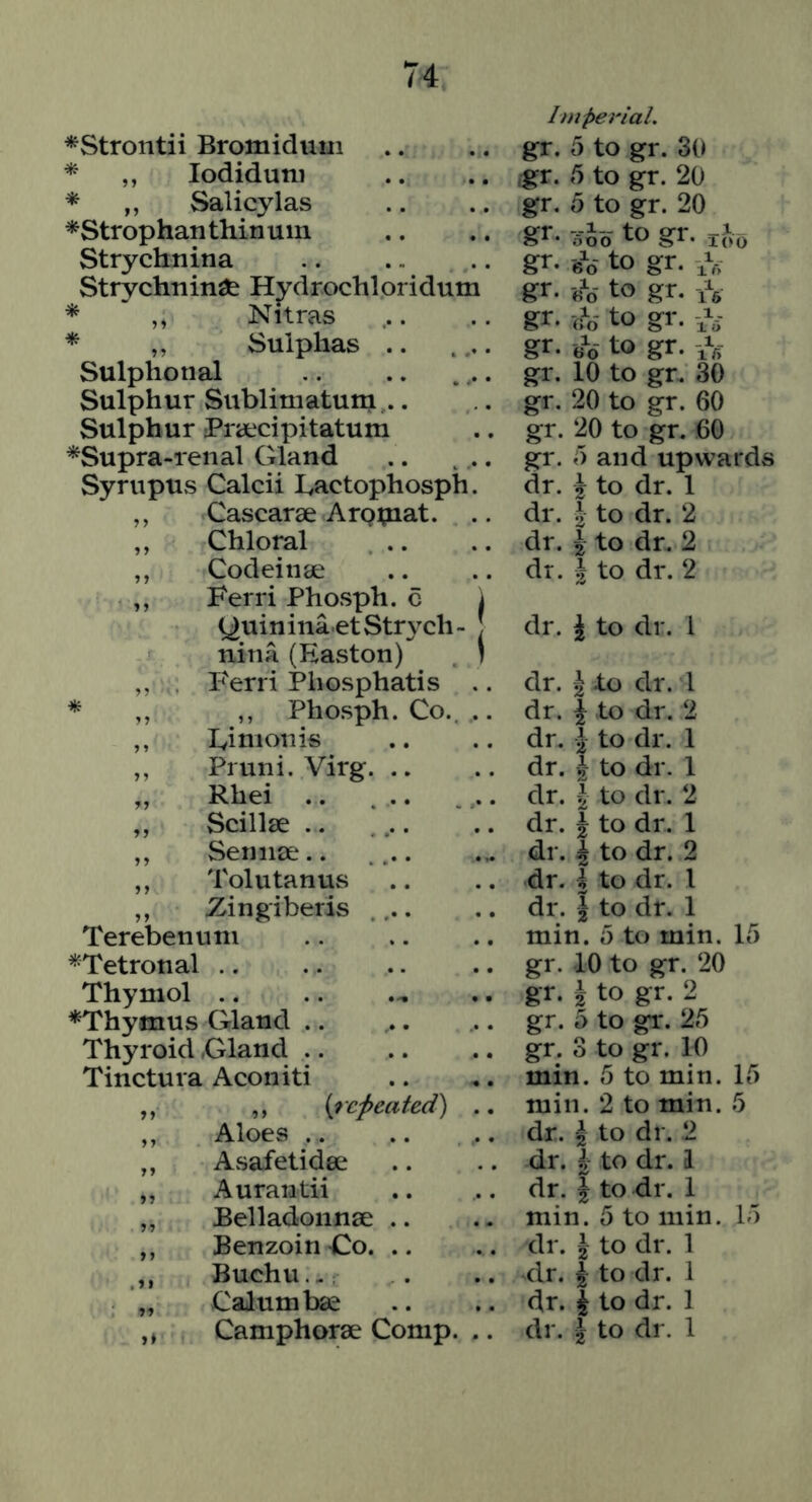 *Strontii Bromidiim Imperial. gr. 5 to gr. 30 * ,, lodiduni ,gr. 5 to gr. 20 * ,, Salicylas *Strophanthinuin gr. 5 to gr. 20 gr- -bI-6 to gr. 1^0 Strychnina gr. -6^0 to gr. Strychnin^e Hydrochloridum gr. -6^0 to gr. A * Nitras gr. d6 to gr. * ,, Sulphas .. . Sulphonal gr. do to gr. iV gr. 10 to gr. 30 Sulphur Sublimatum .. gr. 20 to gr. 60 Sulphur Praicipitatum gr. 20 to gr. 60 *Supra-renal Gland .. .. gr. 0 and upwards Syrupus Calcii I^actophosph. dr. 1 to dr. 1 ,, Cascarse Arppiat. .. dr. \ to dr. 2 ,, Chloral .. dr. i to dr. 2 ,, Codeinae dr. h to dr. 2 ,, Ferri Phosph. c ] OuininaetStrvch- ; dr. 1 to dr. 1 nina (Easton) , } ,, P'erri Phosphatis .. dr. 1 to dr. 1 * ,, ,, Phosph. Co., .. dr. J to dr. 2 ,, Eiuionis dr. 1 to dr. 1 ,, Pruni. Virg dr. 1 to dr. 1 „ Rhei .. ... ... dr. 1 to dr. 2 ,, Scillse .. dr. 1 to dr. 1 ,, Sennse.. ... dr. 1 to dr. 2 ,, Tolutanus dr. h to dr. 1 ,, Zingiberis .... Terebenuni dr. 1 to dr. 1 min. 5 to min. 15 ^Tetronal .. gr. 10 to gr. 20 Thymol gr. 1 to gr. 2 *Thymus Gland .. gr. 5 to gr. 25 Thyroid Gland gr. 3 to gr. K) Tinctura Aconiti min. 5 to min. 15 ,, ,, {defeated) .. ,, Aloes .. min. 2 to min. 5 dr. i to dr. 2 „ Asafetidee dr. 4 to dr. 1 „ Aurantii dr. i to dr. 1 „ Belladonnae .. min. 5 to min. 15 ,, Benzoin Go dr. 1 to dr. 1 ,, Buchu.. dr. 1 to dr. 1 „ Calumbse dr. 1 to dr. 1