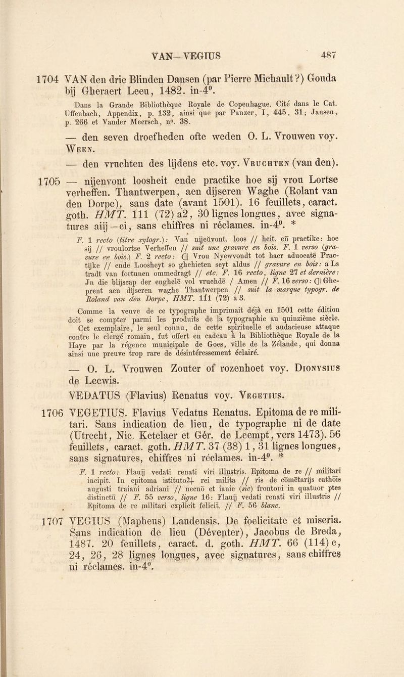 1704 VAN den drie Blinden Dansen (par Pierre Michault ?) Gouda l)ij Gberaert Leeu, 1482. in-4®. Dans la Grande Bibliothèque Royale de Copenhague. Cite dans le Cat. Uffenhach, Appendix, p. 132, ainsi que par Panzer, I, 445, 31; Jansen, p. 266 et Vander Meersch, n®. 38. — den seven droefheden ofte weden O. L. Vrouwen voy. Ween. — den vruchten des lijdens etc. voy. Vruchten (van den). 1705 — nijenvont loosheit ende practike hoe sÿ vrou Lortse verheffen. Thantwerpen^ aen dijseren Wagbe (Rolant van den Dorpe), sans date (avant 1501). 16 feuillets ^ caract. goth. HMT. 111 (72) a2, 30 lignes longues, avec signa- tures aiÿ -ci, sans chiffres ni réclames, in-d**. * A F. 1 recto {titre xylogr.): Van nijeûvont. loos // heit. en practike; hoe sij // vroulortse Verheffen // suit une gravure en lois. F. 1 verso {gra- vure en bois.) F. 2 recto: 01 Vrou Nyewvondt tôt haer aduocatë Prac- tijke // ende Loosheyt so ghehieten seyt aldus // gravure en bois: aLs tradt van fortunen ommedragt // etc. F. 16 recto, ligne '^1 et dernière : Jn die hlijscap der enghelë vol vruchdë / Amen // Z. 16 Ql Ghe- prent aen dijseren waghe Thantwerpen // suit la marque typogr. de Roland va7i den Forpe, HMT, lll (72) a 3. Comme la veuve de ce typographe imprimait déjà en 1501 cette édition doit se compter parmi les produits de la typographie au quinzième siècle. Cet exemplaire, le seul connu, de cette spirituelle et audacieuse attaque contre le clergé romain, fut offert en cadeau à la Bibliothèque Royale de la Haye par la régence municipale de Goes, ville de la Zélande, qui donna ainsi une preuve trop rare de désintéressement éclairé, — O. L. Vrouvren Zouter of rozenhoet voy. Dionysius de Leewis. VEDATUS (Flavius) Benatus voy. Vegetiüs. 1706 VEGETIÜS. Flavius Vedatus Benatus. Epitoma de re mili- tari. Sans indication de lieu, de typographe ni de date (Utrecbt, Nie. Ketelaer et Gér. de Leempt, vers 1473). 56 feuillets, caract. goth. HMT. 37 (38) 1,31 lignes longues, sans signatures, chiffres ni réclames, in-4®. * F. 1 recto: Plauij vedati renati viri illustris. Epitoma de re // militari incipit. In epitoma istitutolj- rei milita // ris de cômëtarijs cathôis augusti traiani adriani // neeno et ianie {sic) frontoni in quatuor ptes distinctü // F. 55 verso, ligne 16: Elauij vedati renati viri illustris // Epitoma de re militari explicit felicit. // F. 56 blanc. 1707 VEGIUS (Mapheus) Laudensis. De foelicitate et miseria. Sans indication de lieu (Déventer), Jacobus de Breda, 1487. 20 feuillets, caract. d. goth. HMT. 66 (114) c, 24, 26, 28 lignes longues, avec signatures, sans chiffres ni réclames. in-4*\