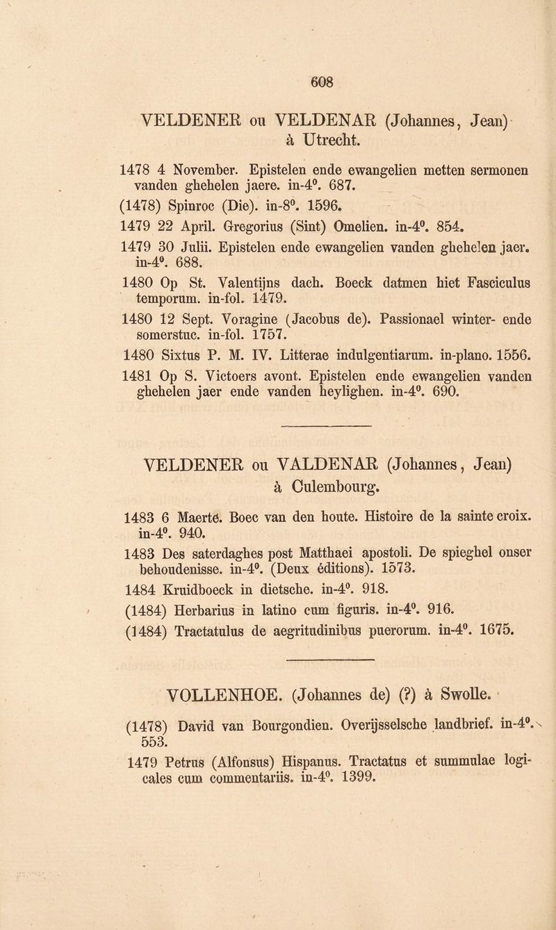 s VELDENER ou VELDENAR (Johannes, Jean) à Utrecht. I 1478 4 November. Epistelen ende ewangelien metten sermonen vanden gbehelen jaere. in-4®. 687. (1478) Spinroc (Die), in-8^. 1596, 1479 22 April. Gregorius (Sint) Omelien. in-4®. 854. 1479 30 Julii. Epistelen ende ewangelien vanden gbebelen jaer, in-4®. 688. 1480 Op St. Valentijns dach. Boeck datmen hiet Fasciculus temporum. in-fol. 1479. 1480 12 Sept. Voragine (Jacobus de). Passionael winter- ende somerstuc. in-fol. 1757. 1480 Sixtus P. M. IV. Litterae indulgentiarum. in-plano. 1556. 1481 Op S. Victoers avont. Epistelen ende ewangelien vanden gbehelen jaer ende vanden heylighen. in-4^. 690. VELDENER ou VALDENAR (Johannes, Jean) à Culembourg. 1483 6 Maerté. Boec van den boute. Histoire de la sainte croix. m-4P. 940. 1483 Des saterdagbes post Matthaei apostoli. De spieghel onser beboudenisse. in-4®. (Deux éditions). 1573. 1484 Kruidboeck in dietscbe. in-4®. 918. (1484) Herbarius in latino cum figuris. in-4®. 916. (1484) Tractatulus de aegritudinibus puerorum. in-4®. 1675. VOLLENHOE. (Johannes de) (?) à Swolle. • (1478) David van Bourgondien. Overijsselsche landbrief. in-4®. n 553. 1479 Petrus (Alfonsus) Hispanus. Tractatus et summulae logi- cales cum commentariis. in-4®. 1399.