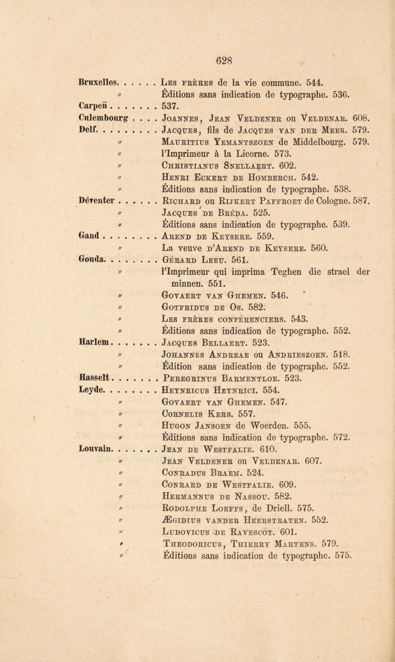 Bruxelles Les eeères de la vie commune. 544, » Éditions sans indication de typographe. 536. Carpen 537. Culembourg .... Joannes, Jean Veldenee ou Veldenae. 608. Belf. Jacques, fils de Jacques van uee Meer. 579. Maueitius Yemantszoen de Middelbourg. 579. // rimprimeur à la Licorne. 573. !' Cheistianus Sneelaert. 602. Henei Eckeet de Hombeech. 542. Éditions sans indication de typographe. 538. Dérenter Richaed ou Rijkeet Paefeoet de Cologne. 587. // Jacques de Beéda. 525. » Éditions sans indication de typographe. 539. Rand Aeend de Ketseee. 559. » La veuve d’Aeend de Ketseee. 560. Bouda Géeaed Leeu. 561. // l’Imprimeur qui imprima Teghen die strael der minnen. 551. // Govaeet van Ghemen. 546. I' Gotfeidus de Os. 582. Les feères conféeenciees. 543. •' Editions sans indication de typographe. 552. Harlem Jacques Bellaeet. 523. !' Johannes Andeeae ou Andeieszoen. 518. I' Édition sans indication de typographe. 552. Hasselt Peeegeinus Baementloe. 523. Leyde Hetneicus Hetneici. 554. Govaeet van Ghemen. 547. COENELIS Kees. 557. » ' Hugon Jansoen de Woerden. 555. » Éditions sans indication de typographe. 572. Louvain Jean de Westfaeie. 610. 'f Jean Veldenee ou Veldenae. 607. CoNEADUS Beaem. 524. • V COEEAED DE WeSTFALIE. 609. » Heemannus de Nassou. 582. Rodolphe Loeffs, de Driell. 575. » Ægidius vanDee Heeesteaten. 552. Ludovicus -de Ravescot. 601. » Theodoeicus, Thieeet Maetens. 579. Éditions sans indication de typographe. 575.