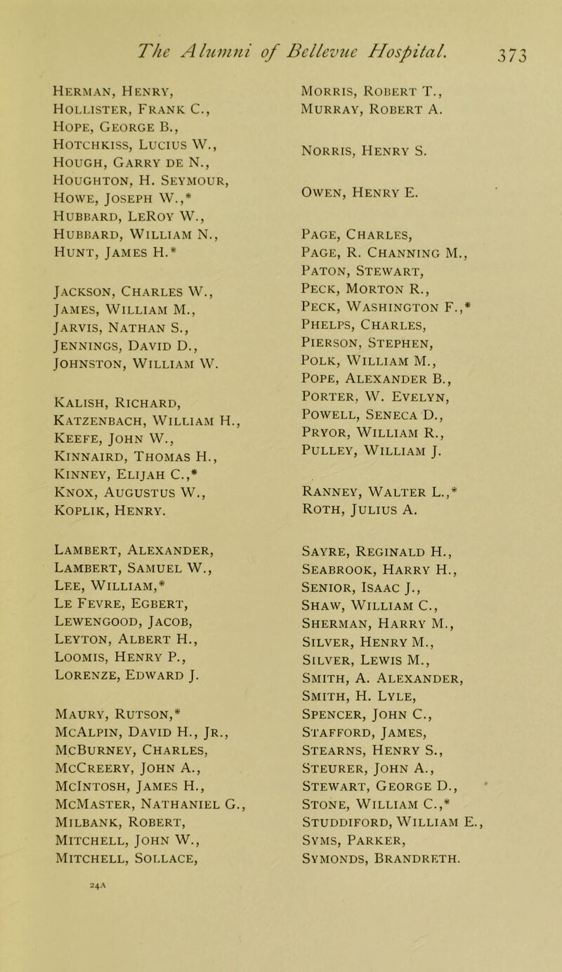 Herman, Henry, Holi.ister, Frank C., Hope, George B., Hotchkiss, Lucius W., Hough, Garry de N., Houghton, H. Seymour, Howe, Joseph W.,* Hubbard, LeRoy W., Hubbard, William N., Hunt, James H.* Jackson, Charles W., James, William M., Jarvis, Nathan S., Jennings, David D., Johnston, William W. Kalish, Richard, Katzenbach, William H., Keefe, John W., Kinnaird, Thomas H., Kinney, Elijah C.,* Knox, Augustus W., Koplik, Henry. Lambert, Alexander, Lambert, Samuel W., Lee, William,* Le Fevre, Egbert, Lewengood, Jacob, Leyton, Albert H., Loomis, Henry P., Lorenze, Edward J. Maury, Rutson,* McAlpin, David H., Jr., McBurney, Charles, McCreery, John A., McIntosh, James H., McMaster, Nathaniel G., Milbank, Robert, Mitchell, John W., Mitchell, Soi.lace, Morris, Robert T., Murray, Robert A. Norris, Henry S. Owen, Henry E. Page, Charles, Page, R. Channing M., Paton, Stewart, Peck, Morton R., Peck, Washington F.,* Phelps, Charles, Pierson, Stephen, Polk, William M., Pope, Alexander B., Porter, W. Evelyn, Powell, Seneca D., Pryor, William R., Pulley, William J. Ranney, Walter L.,* Roth, Julius A. Sayre, Reginald H., Seabrook, Harry H., Senior, Isaac J., Shaw, William C., Sherman, Harry M., Silver, Henry M., Silver, Lewis M., Smith, A. .A.lexander, Smith, H. Lyle, Spencer, John C., Stafford, James, Stearns, Henry S., Steurer, John A., Stewart, George D., Stone, William C.,* Studdiford, William E., Syms, Parker, Symonds, Brandreth. 24A