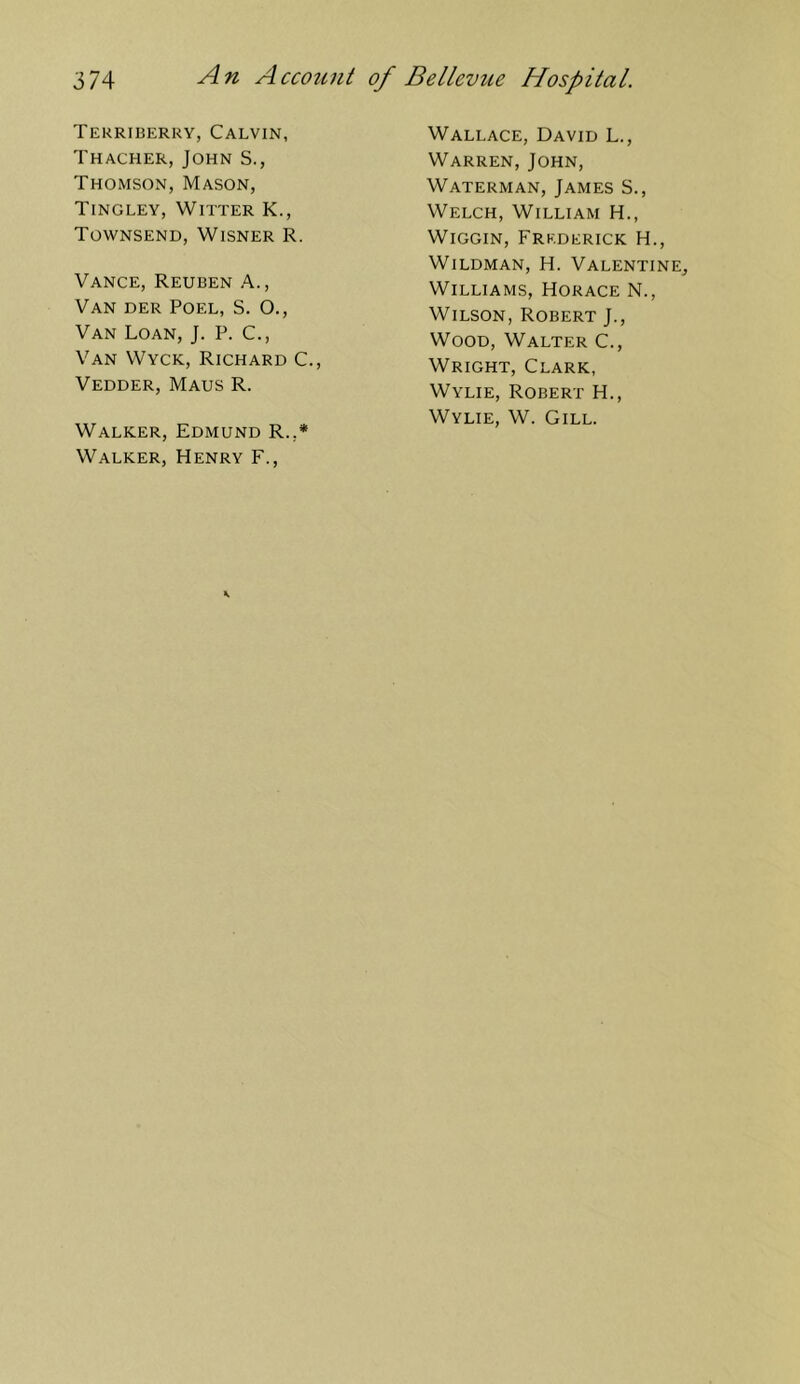 Terriberry, Calvin, Thacher, John S., Thomson, Mason, Tingley, Witter K., Townsend, Wisner R. Vance, Reuben A., Van der Poel, S. O., Van Loan, J. P. C., Van Wyck, Richard C., Vedder, Maus R. Walker, Edmund R.,* Walker, Henry F., Wallace, David L., Warren, John, Waterman, James S., Welch, William H., WiGGiN, Frederick H., WiLDMAN, H. Valentine, Williams, Horace N., Wilson, Robert J., Wood, Walter C., Wright, Clark, Wylie, Robert H., Wylie, W. Gill.