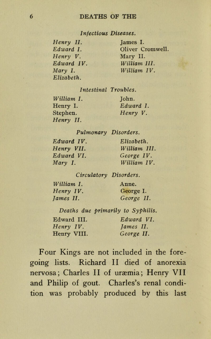 Infectious Henry II. Edward I. Henry V. Edward IV. Mary I. Elizabeth. Intestinal William I. Henry I. Stephen. Henry II. Pulmonary Edward IV. Henry VII. Edward VI. Mary I. Circtdatory William I. Henry IV. James II. Diseases. James I. Oliver Cromwell. Mary II. William HI. William IV. Troubles. John. Edward I. Henry V. Disorders. Elizabeth. William HI. George IV. William IV. Disorders. Anne. George I. George II. Deaths due primarily to Syphilis. Edward III. Henry IV. Henry VIII. Edward VI. James II. George II. Four Kings are not included in the fore- going lists. Richard II died of anorexia nervosa; Charles II of uraemia; Henry VII and Philip of gout. Charles’s renal condi- tion was probably produced by this last