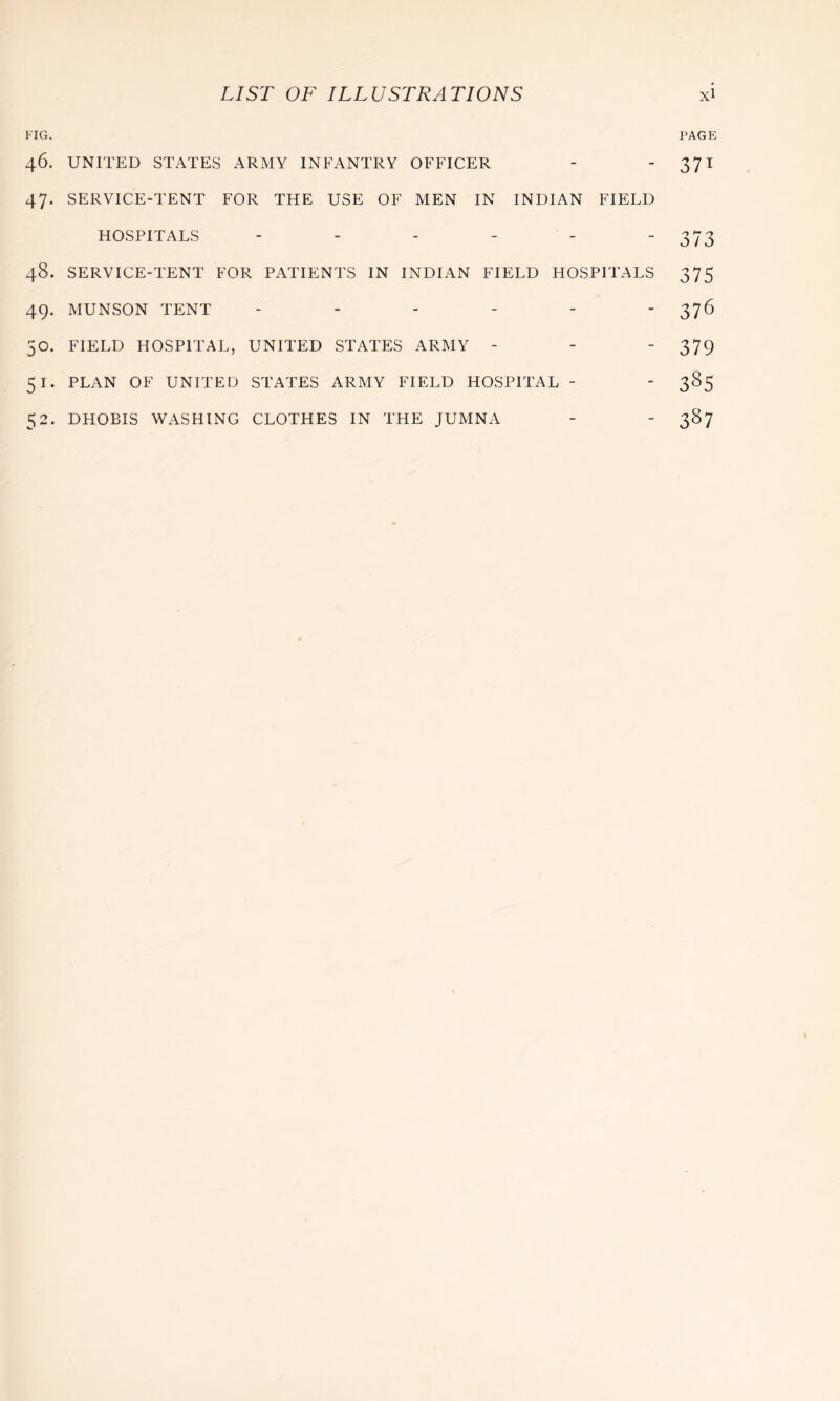 FIG. PAGE 46. UNITED STATES ARMY INFANTRY OFFICER - '37^ 47. SERVICE-TENT FOR THE USE OF MEN IN INDIAN FIELD HOSPITALS 273 48. SERVICE-TENT FOR PATIENTS IN INDIAN FIELD HOSPITALS 375 49. MUNSON TENT ------ 376 50. FIELD HOSPITAL, UNITED STATES ARMY - - - 379 51. PLAN OF UNITED STATES ARMY FIELD HOSPITAL - - 385 52. DHOBIS WASHING CLOTHES IN THE JUMNA - - 387