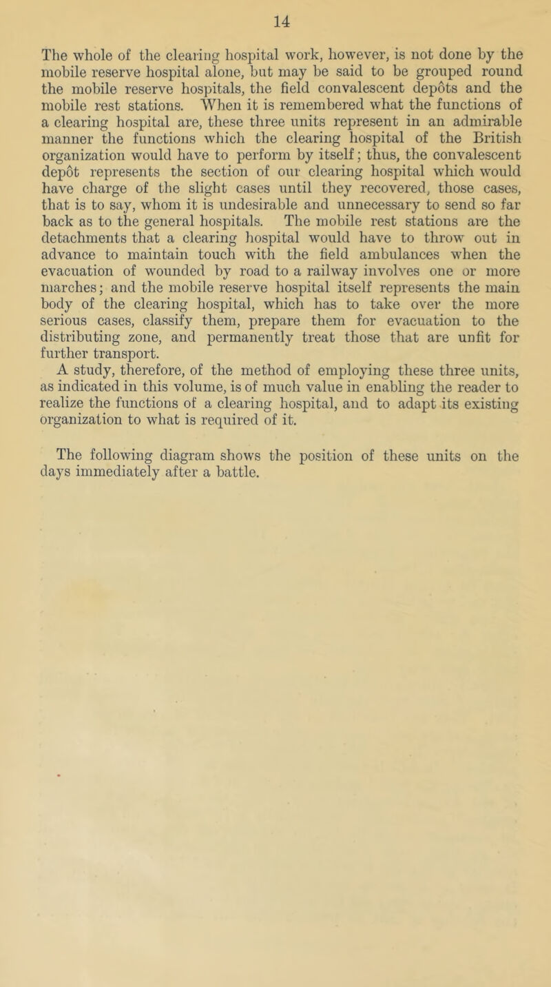 The whole of the clearing hospital work, however, is not done by the mobile reserve hospital alone, but may be said to be grouped round the mobile reserve hospitals, the field convalescent depots and the mobile rest stations. When it is remembered what the functions of a clearing hospital are, these three units represent in an admirable manner the functions which the clearing hospital of the British organization would have to perform by itself; thus, the convalescent depot represents the section of our clearing hospital which would have charge of the slight cases until they recovered, those cases, that is to say, whom it is undesirable and unnecessary to send so far back as to the general hospitals. The mobile rest stations are the detachments that a clearing hospital would have to throw out in advance to maintain touch with the field ambulances when the evacuation of wounded by road to a railway involves one or more marches; and the mobile reserve hospital itself represents the main body of the clearing hospital, which has to take over the more serious cases, classify them, prepare them for evacuation to the distributing zone, and permanently treat those that are unfit for further transport. A study, therefore, of the method of employing these three units, as indicated in this volume, is of much value in enabling the reader to realize the functions of a clearing hospital, and to adapt its existing organization to what is required of it. The following diagram shows the position of these units on the days immediately after a battle.