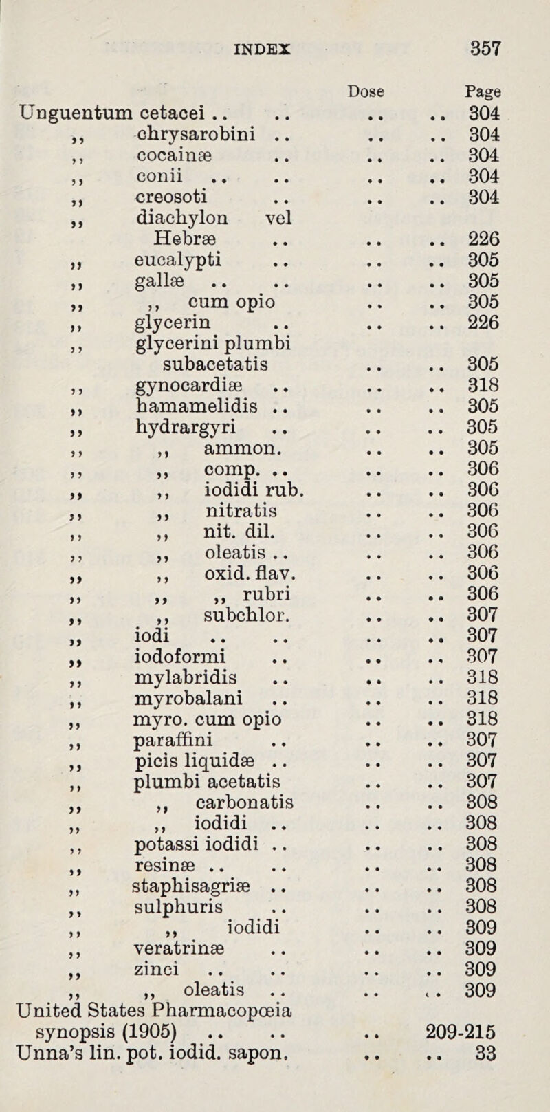 Dose Page Unguentum cetacei .. .. .. .. 304 ,, chrysarobini .. .. .. 304 ,, cocainse .. .. .. 304 ,, conii .. .. .. .. 304 ,, creosoti .. .. .. 304 ,, diachylon vel Hebrse .. .. .. 226 ,, eucalypti .. .. .. 305 ,, gallse .. .. .. .. 305 ,, ,, cum opio .. .. 305 ,, glycerin .. .. .. 226 ,, glycerin! plumbi subacetatis .. .. 305 ,, gynocardiae .. .. .. 318 ,, hamamelidis .. .. .. 305 ,, hydrargyri .. .. .. 305 ,, ,, ammon. .. .. 305 ,, ,, comp. .. .. .. 306 ,, ,, iodidi rub. .. .. 306 ,, ,, nitratis .. .. 306 ,, ,, nit. dil. .. .. 306 ,, ,, oleatis .. .. .. 306 ,, ,, oxid. flav. .. .. 306 ,, ,, ,, rubri .. .. 306 ,, ,, subchlor. .. .. 307 ,, iodi .. .. .. .. 307 ,, iodoformi .. .. ., 307 ,, mylabridis .. .. .. 318 ,, myrobalani .. .. .. 318 ,, myro. cum opio .. .. 318 ,, parafdni .. .. .. 307 ,, picis liquidse .. .. .. 307 ,, plumbi acetatis .. .. 307 ,, ,, carbonatis .. .. 308 ,, ,, iodidi .. .. .. 308 ,, potassi iodidi .. .. .. 308 ,, resinse .. .. .. .. 308 ,, staphisagrise .. .. .. 308 ,, sulphuris .. .. .. 308 ,, ,, iodidi .. .. 309 ,, veratrinae .. .. .. 309 ,, zinci .. .. .. .. 309 ,, ,, oleatis .. .. <. 309 United States Pharmacopoeia synopsis (1905) .. .. .. 209-215 Unna’s lin. pot. iodid. sapon, ,, .. 33