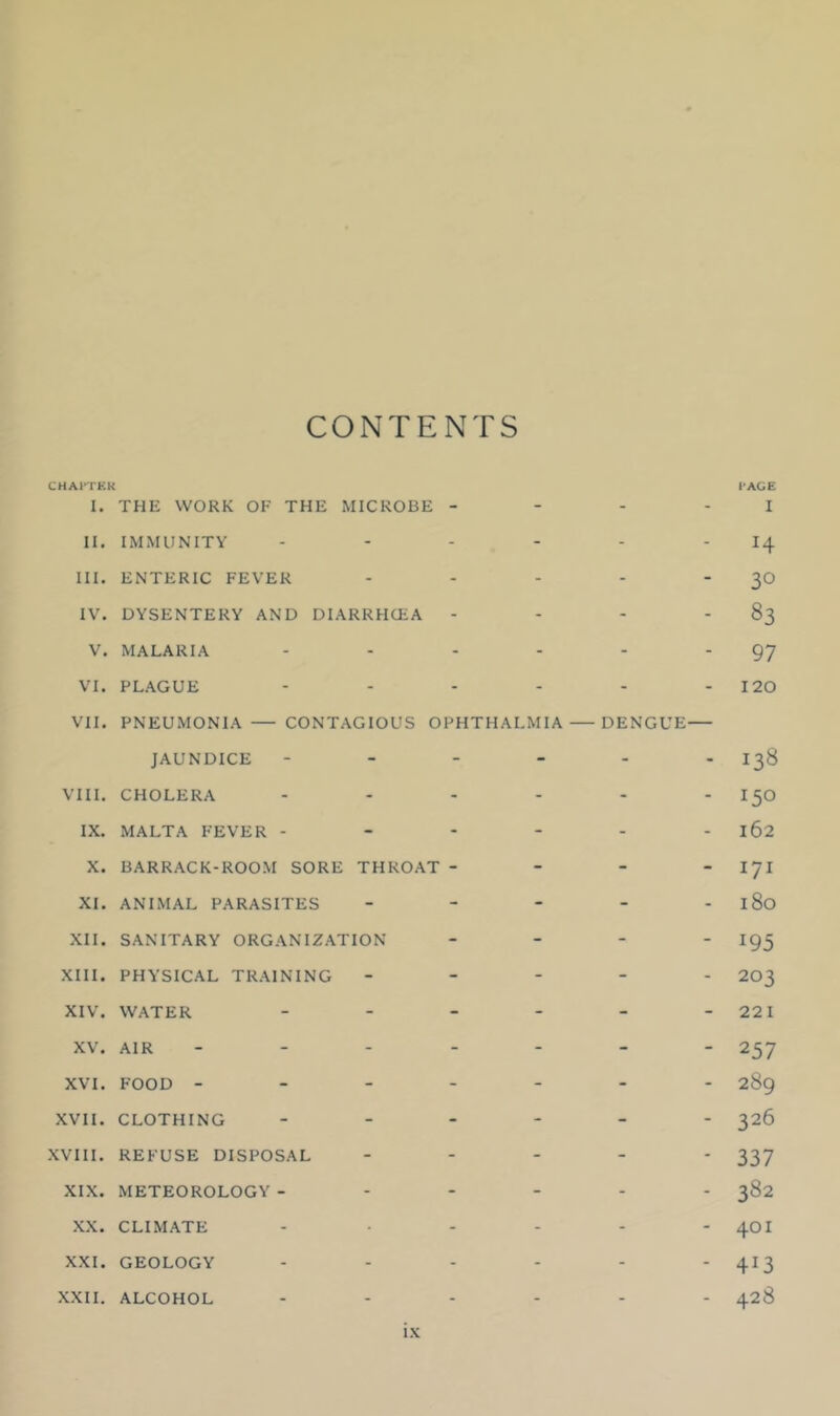 CONTENTS CHAPTER I. THE WORK OF THE MICROBE - II. IMMUNITY ------ III. ENTERIC FEVER - IV. DYSENTERY AND DIARRHCEA - - - - V. MALARIA ------ VI. PLAGUE ------ VII. PNEUMONIA — CONTAGIOUS OPHTHALMIA DENGUE— JAUNDICE ------ VIII. CHOLERA ------ IX. MALTA FEVER ------ X. BARRACK-ROOM SORE THROAT - - - - XI. ANIMAL PARASITES - - - - - XII. SANITARY ORGANIZATION - - - - XIII. PHYSICAL TRAINING - - - - - XIV. WATER ------ XV. AIR ------- XVI. FOOD ------- XVII. CLOTHING ------ XVIII. REFUSE DISPOSAL - XIX. METEOROLOGY ------ XX. CLIMATE ------ XXI. GEOLOGY ------ XXII. ALCOHOL ------ PAGE I 14 30 83 97 120 138 !50 162 171 180 *95 203 221 257 289 326 337 382 401 4:3 428