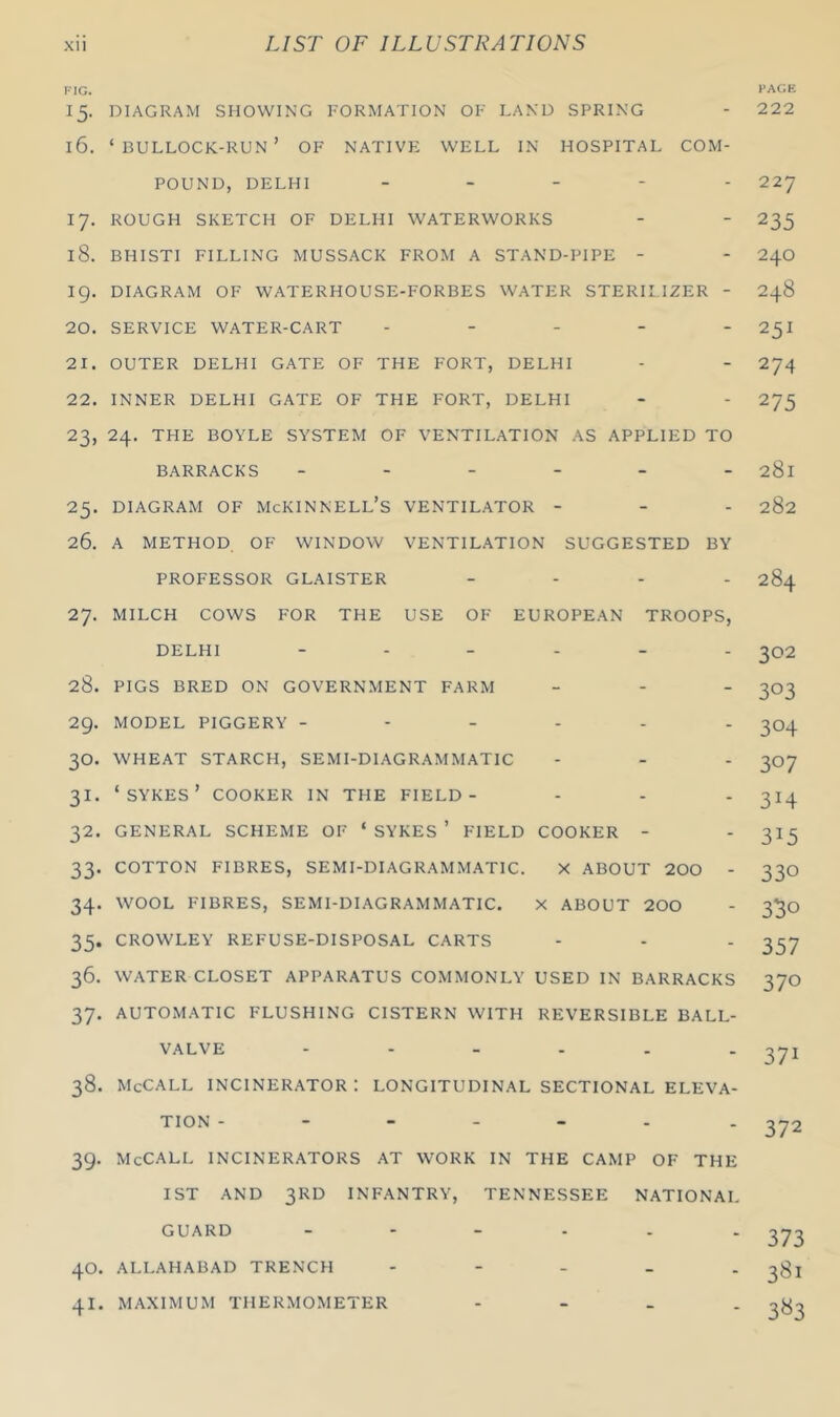 FIG. PAGE 15. DIAGRAM SHOWING FORMATION OF LAND SPRING - 222 16. ‘BULLOCK-RUN’ OF NATIVE WELL IN HOSPITAL COM- POUND, DELHI - 227 17. ROUGH SKETCH OF DELHI WATERWORKS - - 235 18. BHISTI FILLING MUSSACK FROM A STAND-PIPE - - 240 ig. DIAGRAM OF WATERHOUSE-FORBES WATER STERILIZER - 248 20. SERVICE WATER-CART ----- 25I 21. OUTER DELHI GATE OF THE FORT, DELHI - - 274 22. INNER DELHI GATE OF THE FORT, DELHI - - 275 23. 24. THE BOYLE SYSTEM OF VENTILATION AS APPLIED TO BARRACKS ------ 281 25. DIAGRAM OF McKINNELL’S VENTILATOR - - - 282 26. A METHOD OF WINDOW VENTILATION SUGGESTED BY PROFESSOR GLAISTER - 284 27. MILCH COWS FOR THE USE OF EUROPEAN TROOPS, DELHI ------ 202 28. PIGS BRED ON GOVERNMENT FARM - - - 303 2g. MODEL PIGGERY ------ 304 30. WHEAT STARCH, SEMI-DIAGRAMMATIC - - - 307 31. ‘SYKES’ COOKER IN THE FIELD- - - - 314 32. GENERAL SCHEME OF ‘SYKES’ FIELD COOKER - - 315 33. COTTON FIBRES, SEMI-DIAGRAMMATIC. X ABOUT 200 - 330 34. WOOL FIBRES, SEMI-DIAGRAMMATIC. X ABOUT 200 - 3^0 35. CROWLEY REFUSE-DISPOSAL CARTS - - - 337 36. WATER CLOSET APPARATUS COMMONLY USED IN BARRACKS 370 37. AUTOMATIC FLUSHING CISTERN WITH REVERSIBLE BALL- VALVE ------ 271 38. McCALL INCINERATOR: LONGITUDINAL SECTIONAL ELEVA- TION - - - - - - - 372 39. McCALL INCINERATORS AT WORK IN THE CAMP OF THE 1ST AND 3RD INFANTRY, TENNESSEE NATIONAL GUARD ------ 273 40. ALLAHABAD TRENCH ----- 281 41. MAXIMUM THERMOMETER - 283