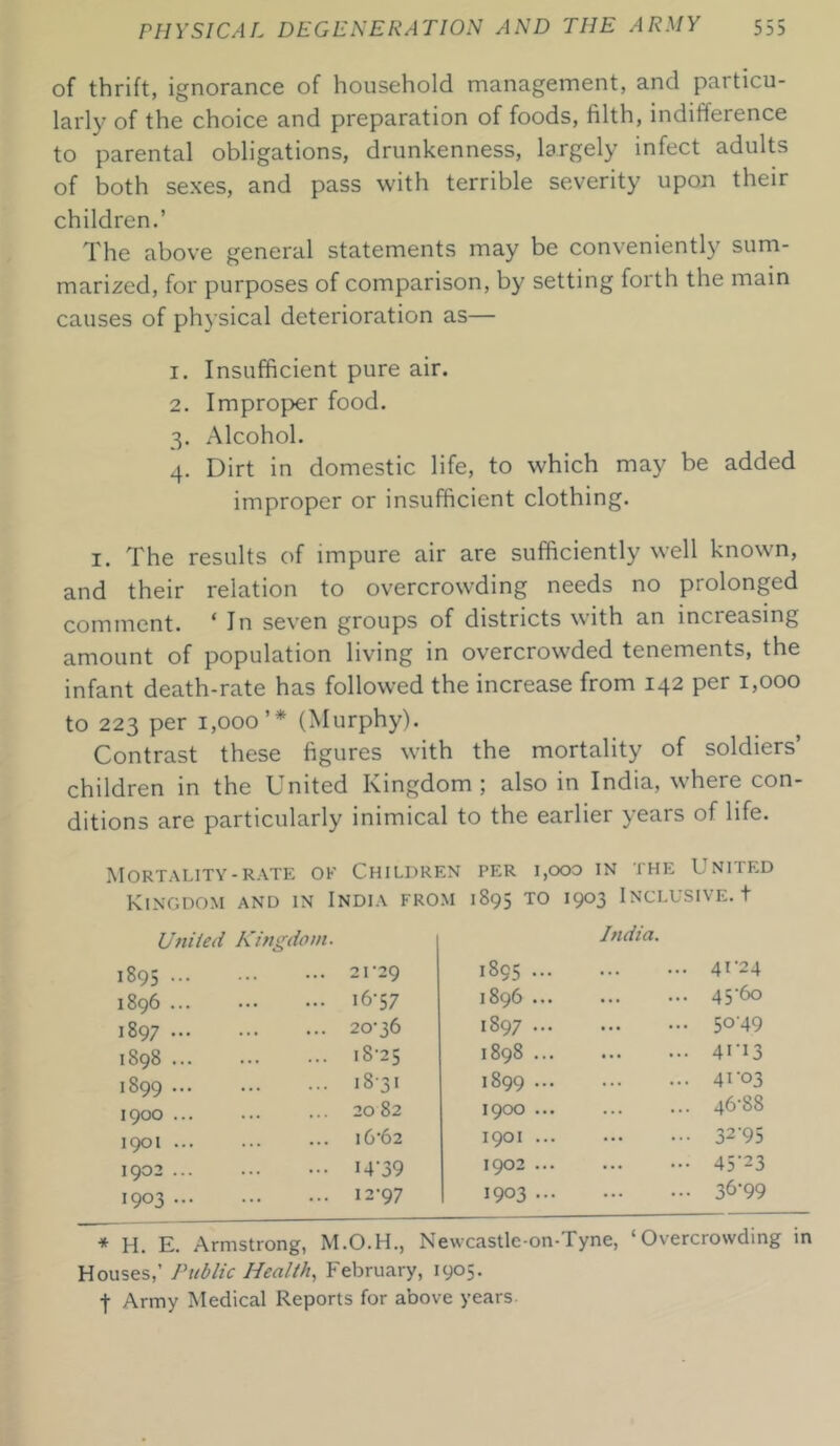 of thrift, ignorance of household management, and particu- larly of the choice and preparation of foods, filth, indifference to parental obligations, drunkenness, largely infect adults of both sexes, and pass with terrible severity upon their children.’ The above general statements may be conveniently sum- marized, for purposes of comparison, by setting forth the main causes of physical deterioration as— 1. Insufficient pure air. 2. Improper food. 3. Alcohol. 4. Dirt in domestic life, to which may be added improper or insufficient clothing. 1. The results of impure air are sufficiently well known, and their relation to overcrowding needs no prolonged comment. 1 In seven groups of districts with an incieasing amount of population living in overcrowded tenements, the infant death-rate has followed the increase from 142 per 1,000 to 223 per 1,000’* (Murphy). Contrast these figures with the mortality of soldiers’ children in the United Kingdom; also in India, where con- ditions are particularly inimical to the earlier years of life. Mortality-rate of Children per i,ooo in the United Kingdom and in India from 1895 T0 !9°3 Inclusive, t Uni led Kingdom. 1895 ... 1896 ... 1897 ... 1898 ... 1899 ... 1900 ... 1901 ... 1902 ... 1903 ... 21 '29 16-57 20-36 18-25 18-31 20 82 16-62 I4-39 12-97 India. 1895... ... ... 41-24 1896 ... ... 45-60 1897 ... ... 50-49 1898 ... ... 41*13 1899 ... ... 4ro3 1900 ... ... 46-88 1901 ... • •• 32-95 1902 ... - 45'23 1903... ... 36-99 * H. E. Armstrong, M.O.H., Newcastle-on-Tyne, ‘Overcrowding in Houses,’ Public Health, February, 1905. f Army Medical Reports for above years