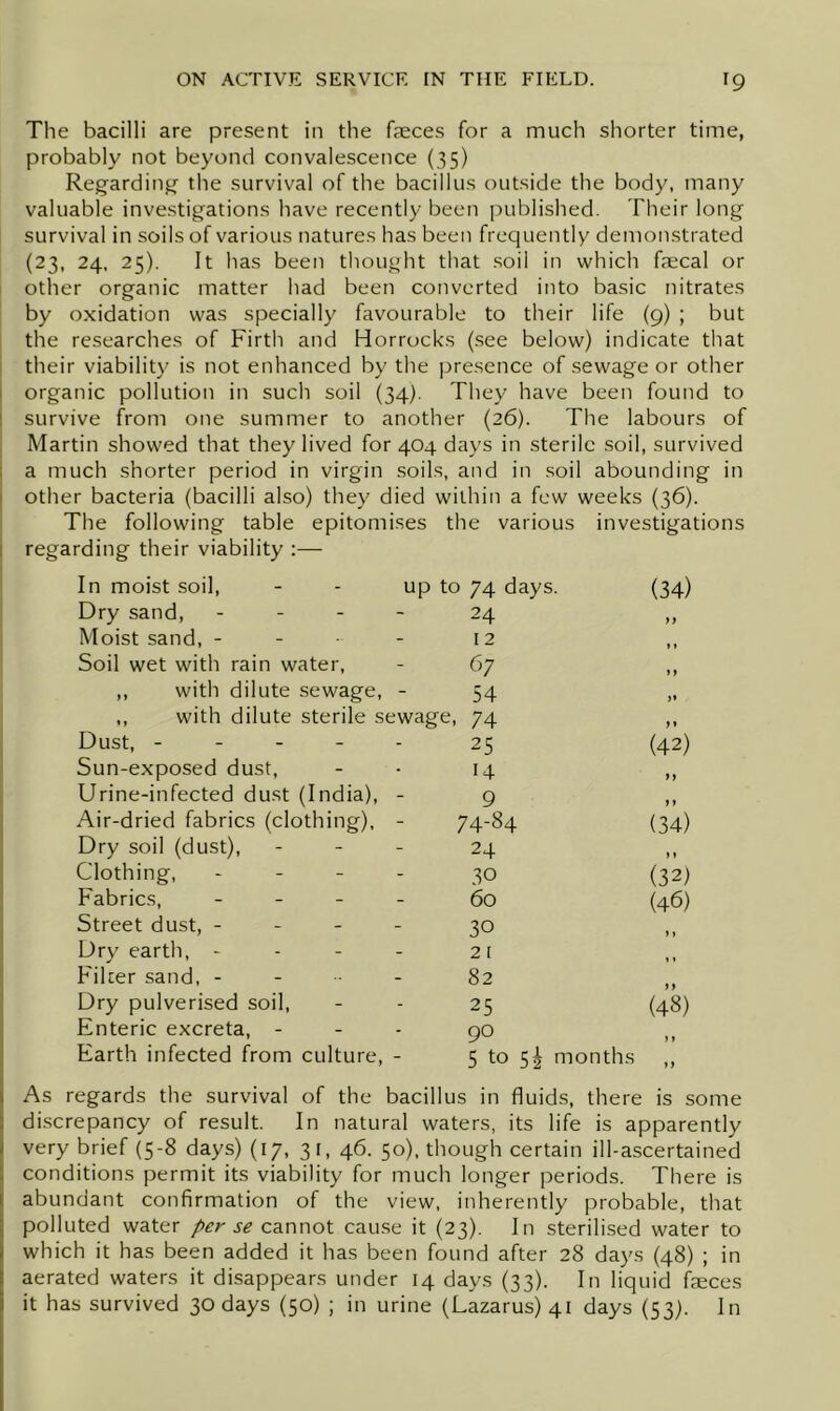 The bacilli are present in the feces for a much shorter time, probably not beyond convalescence (35) Regardinjj' the survival of the bacillus outside the body, many valuable investigations have recently been published. Their long survival in soils of various natures has been frequently demonstrated (23, 24, 25). It has been thought that soil in which fecal or other organic matter had been converted into basic nitrates by oxidation was specially favourable to their life (9) ; but the researches of Firth and Horrocks (see below) indicate that i their viability is not enhanced by the presence of sewage or other i organic pollution in such soil (34). They have been found to I survive from one summer to another (26). The labours of j Martin showed that they lived for 404 days in sterile soil, survived I a much shorter period in virgin soils, and in soil abounding in I other bacteria (bacilli also) they died within a few weeks (36). The following table epitomises the various investigations I regarding their viability :— In moist soil, up to 74 days. (34) Dry sand, - - - 24 >> Moist sand, - - . I 2 »1 Soil wet with rain water. 67 \} ,, with dilute sewage, 54 >♦ ,, with dilute sterile sewage, 74 Dust, - - - - 25 (42) Sun-exposed dust. 14 Urine-infected dust (India), 9 Air-dried fabrics (clothing). 74-84 (34) Dry soil (dust), 24 >» Clothing, - - - 30 (32) Fabrics, . . _ 60 (46) Street dust, - - - 30 )» Dry earth, - 2 1 Filter sand, - - . 82 11 Dry pulverised soil, 25 (48) Enteric excreta, - 90 ) 1 Earth infected from culture, 5 to 5^ months } f As regards the survival of the bacillus in fluids, there is some discrepancy of result. In natural waters, its life is apparently very brief (5-8 days) (17, 31, 46. 50), though certain ill-ascertained conditions permit its viability for much longer periods. There is abundant confirmation of the view, inherently probable, that polluted water per se cannot cause it (23). In sterilised water to which it has been added it has been found after 28 days (48) ; in aerated waters it disappears under 14 days (33). In liquid feces it has survived 30 days (50) ; in urine (Lazarus) 41 days (53). In