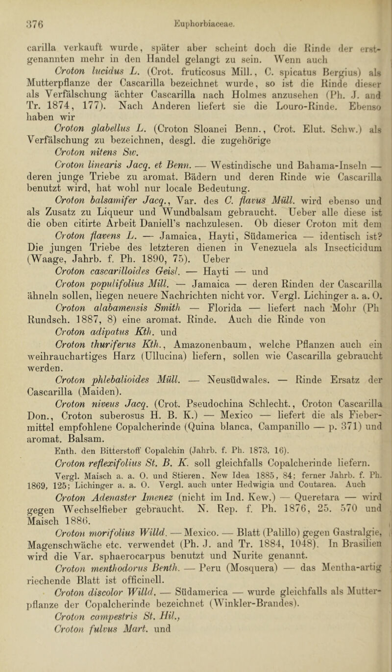 carilla verkauft wurde, später aber scheint doch die Hinde der «.'rst- genannten mehr in den Handel gelangt zu sein. Wenn aucli I Croton lucidus L. (Crot. fruticosus Mill., C. spicatus Bergius) als Mutterpflanze der Cascarilla bezeichnet wurde, so ist die Kinde dieser als Verfälschung achter Cascarilla nach Holmes anzusehen (Ph. J. and Tr. 1874, 177). Nach Anderen liefert sie die Louro-Rinde. Ebenso haben wir Croton glabellus L. (Croton Sloanei Kenn., Crot. Elut. Schw.) als Verfälschung zu bezeichnen, desgl. die zugehörige Croton nitens Sw. Croton linearis Jacq. et Benn. — Westindische und Bahama-Inseln — deren junge Triebe zu aromat. Bädern und deren Rinde wie Cascarilla benutzt wird, hat wohl nur locale Bedeutung. Croton balsamifer Jacq.., Var. des C. fiavus Müll, wird ebenso und als Zusatz zu Liqueur und Wundbalsam gebraucht. lieber alle diese ist i die oben citirte Arbeit DanielPs nachzulesen. Ob dieser Croton mit dem , Croton flavens L. — Jamaica, Hayti, Südamerica — identisch ist? | Die jungen Triebe des letzteren dienen in Venezuela als Insecticidum (Waage, Jahrb. f. Ph. 1890, 75). lieber Croton cascarilloides Geist. — Hayti — und Croton pöpulifolius Mill. — Jamaica — deren Rinden der Cascarilla ähneln sollen, liegen neuere Nachrichten nicht vor. Vergl. Lichinger a. a. 0. Croton alabamensis Smith — Florida — liefert nach *Mohr (Ph Rundsch. 1887, 8) eine aromat. Rinde. Auch die Rinde von Croton adipatus Kth. und Croton thuriferus Kth.., Amazonenbaum, welche Pflanzen auch ein weihrauchartiges Harz (üllucina) liefern, sollen wie Cascarilla gebraucht werden. Croton phlebalioides Müll. — Neusüdwales. — Rinde Ersatz der Cascarilla (Maiden). Croton niveus Jacq. (Crot. Pseudochina Schlecht., Croton Cascarilla Don., Croton suberosus H. B. K.) — Mexico — liefert die als Fieber- mittel empfohlene Copalcherinde (Quina blanca, Campanillo — p. 371) und j aromat. Balsam. Enth. den Bitterstoff Copalchin (Jahrb. f. Ph. 1873, 16). Croton reflexifolins St. B. K. soll gleichfalls Copalcherinde liefern. Vergl. Maisch a. a. 0. und Stieren, New Idea 1885, 84; ferner Jahrb. f. Ph. 1869, 125; Lichinger a. a. 0. Vergl. auch unter Hedwigia und Coutarea. Auch Croton Adenaster Imenez (nicht im Ind. Kew.) — Queretara — wird gegen Wechselfieber gebraucht. N. Rep. f. Ph. 1876, 25. 570 und j Maisch 1886. Croton morifolius Willd. — Mexico. — Blatt (Palillo) gegen Gastralgie, , Magenschwäche etc. verwendet (Ph. J. and Tr. 1884, 1048). In Brasilien wird die Var. sphaerocarpus benutzt und Nurite genannt. j Croton menthodorus Benth. — Peru (Mosquera) — das Mentha-artig j riechende Blatt ist officinell. j Croton discolor Willd. — Südamerica — wurde gleichfalls als Mutter- j)flanze der Copalcherinde bezeichnet (Winkler-Brandes). ! Croton campestris St. HU., Croton fulvus Mart, und