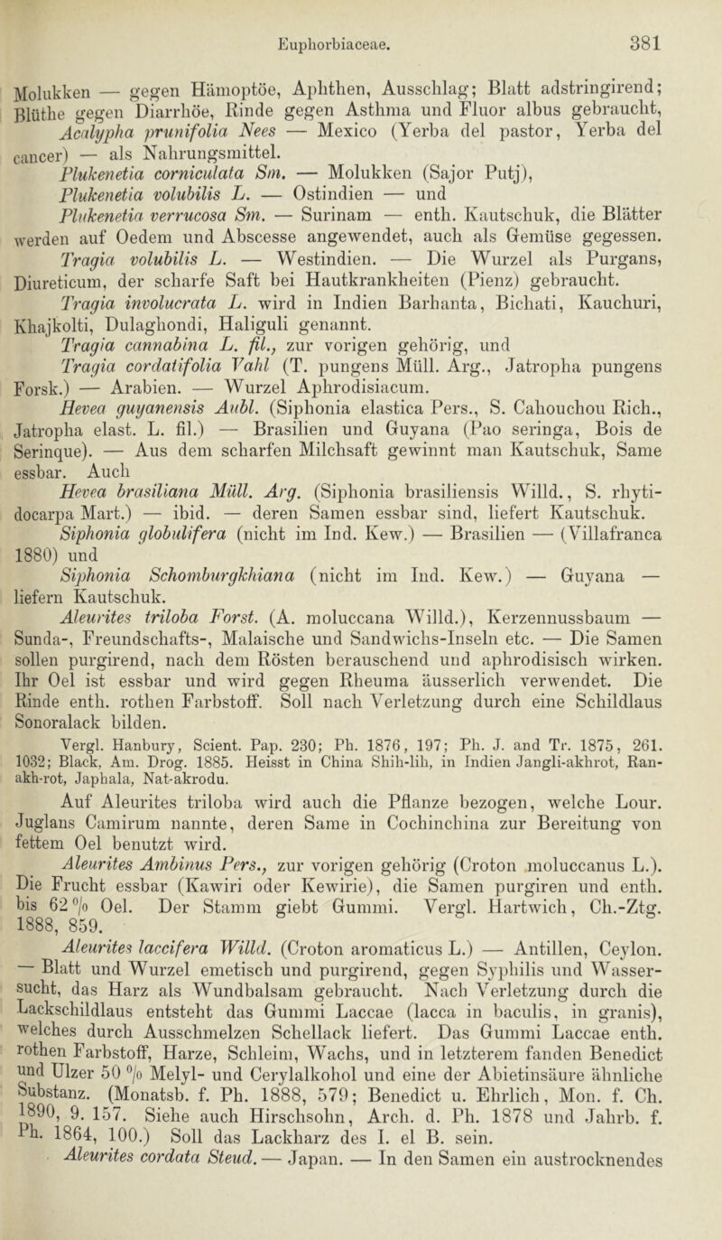 Molukken — gegen Hämoptoe, Aphthen, Ausschlag; Blatt aclstringirend; Blüthe gegen Diarrhöe, Rinde gegen Asthma und Fluor albus gebraucht, Acalypha prunifolia Nees — Mexico (Yerba del pastor, Yerba del Ccancer) — als Nahrungsmittel. Flukenetia corniculata Sm. — Molukken (Sajor Putj), Plukenetia volubilis L. — Ostindien — und Plukenetia verrucosa Sin. — Surinam — enth. Kautschuk, die Blätter werden auf Oedem und Abscesse angewendet, auch als Gemüse gegessen. Tragia volubilis L. — Westindien. — Die Wurzel als Purgans, Diureticum, der scharfe Saft bei Hautkrankheiten (Pienz) gebraucht. Tragia involucrata L. wird in Indien Barhanta, Bichati, Kauchuri, Khajkolti, Dulaghondi, Haliguli genannt. Tragia cannabina L. fil., zur vorigen gehörig, und Tragia cordatifolia Vahl (T. pungens Müll. Arg., Jatropha pungens Forsk.) — Arabien. — Wurzel Aphrodisiacum. Hevea guyanensis Alibi. (Siphonia elastica Pers., S. Cahouchou Rieh., Jatropha elast. L. fil.) — Brasilien und Guyana (Pao seringa, Bois de Serinque). — Aus dem scharfen Milchsaft gewinnt man Kautschuk, Same essbar. Auch Hevea brasiliana Müll. Arg. (Siphonia brasiliensis Willd., S. rhyti- docarpa Mart.) — ibid. — deren Samen essbar sind, liefert Kautschuk. Siphonia qlobulifera (nicht im Ind. Kew.) — Brasilien — (Villafranca 1880) und Siphonia Schomburgkhiana (nicht im Ind. Kew.) — Guj^ana — liefern Kautschuk. Aleurites triloba Forst. (A. moluccana Willd.), Kerzennussbaum — Sunda-, Freundschafts-, Malaische und Sandwichs-Inseln etc. — Die Samen sollen purgirend, nach dem Rösten berauschend und aphrodisisch wirken. Ihr Oel ist essbar und wird gegen Rheuma äusserlich verwendet. Die Rinde enth. rothen Farbstoff. Soll nach Verletzung durch eine Schildlaus Sonoralack bilden. Vergl. Hanbury, Scient. Pap. 230; Pb. 1876, 197; Ph. J. and Tr. 1875, 261. 1032; Black, Am. Drog. 1885. Heisst in China Shih-lih, in Indien Jangli-akhrot, Ran- akh-rot, Japhala, Nat-akrodu. Auf Aleurites triloba wird auch die Pflanze bezogen, welche Lour. Juglans Camirum nannte, deren Same in Cochinchina zur Bereitung von fettem Oel benutzt wird. Aleurites Ambinus Pers., zur vorigen gehörig (Croton moluccanus L.). Die Frucht essbar (Kawiri oder Kewirie), die Samen purgiren und enth. bis 62 ”/o Oel. Der Stamm giebt Gummi. Vergl. Hartwich, Ch.-Ztg. 1888, 859. Aleurites laccifera Willd. (Croton aromaticus L.) — Antillen, Ceylon. Blatt und Wurzel emetisch und purgirend, gegen Syphilis und Wasser- sucht, das Harz als Wundbalsam gebraucht. Nach Verletzung durch die Lackschildlaus entsteht das Gummi Laccae (lacca in baculis, in granis), welches durch Ausschmelzen Schellack liefert. Das Gummi Laccae enth. rothen Farbstoff, Harze, Schleim, Wachs, und in letzterem fanden Benedict und Ulzer 50 ®/o Melyl- und Cerylalkohol und eine der Abietinsäure ähnliche Substanz. (Monatsb. f. Ph. 1888, 579; Benedict u. Ehrlich, Mon. f, Ch. 1890, 9. 157. Siehe auch Hirschsohn, Arch. d. Ph. 1878 und Jahrb. f. Ph. 1864, 100.) Soll das Lackharz des 1. el B. sein. Aleurites cordata Steud. — Japan. — In den Samen ein austrocknendes