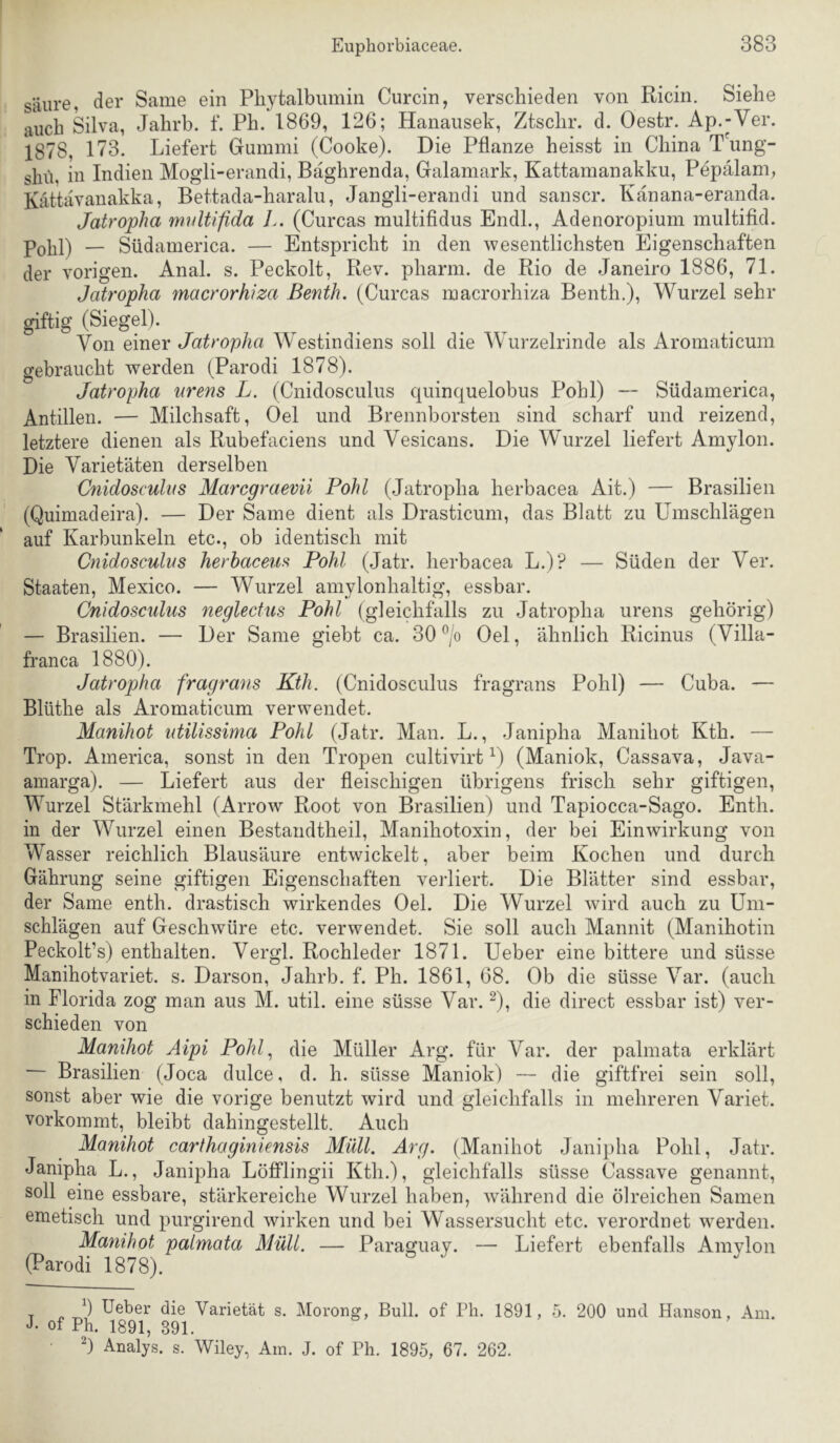 säure, der Same ein Phytalbumin Curcin, verschieden von Ricin. Siehe auch klva, Jahrb. f. Ph. 1869, 126; Hanausek, Ztschr. d. Oestr. Ap.-Ver. 1878, 173. Liefert Gummi (Cooke). Die Pflanze heisst in China Tung- shü, in Indien Mogli-erandi, Bäghrenda, Galamark, Kattamanakku, Pepälam, Kättävanakka, Bettada-haralu, Jangli-erandi und sanscr. Känana-eranda. Jatropha mnltifida L. (Curcas multifidus EndL, Adenoropium multifid. Pohl) — Südamerica. — Entspricht in den wesentlichsten Eigenschaften der vorigen. Anal. s. Peckolt, Rev. pharm, de Rio de Janeiro 1886, 71. Jatropha macrorhiza Benth. (Curcas macrorhiza Benth.), Wurzel sehr giftig (Siegel). Von Q\nQx Jatropha Westindiens soll die Wurzelrinde als Aromaticum gebraucht werden (Parodi 1878). Jatropha arens L. (Cnidosculus quinquelobus Pohl) — Südamerica, Antillen. — Milchsaft, Oel und Brennborsten sind scharf und reizend, letztere dienen als Rubefaciens und Vesicans. Die WMrzel liefert Amylon. Die Varietäten derselben Cnidosculus Marcgraevü Pohl (.Jatropha herbacea Ait.) — Brasilien (Quimadeira). — Der Same dient als Drasticum, das Blatt zu Umschlägen auf Karbunkeln etc., ob identisch mit Cnidosculus herhaceus Pohl (Jatr. herbacea L.)? — Süden der Ver. Staaten, Mexico. — Wurzel amylonhaltig, essbar. Cnidosculus neglectus Pohl (gleichfalls zu Jatropha urens gehörig) — Brasilien. — Der Same giebt ca. 30 ^/o Oel, ähnlich Ricinus (Villa- franca 1880). Jatropha fragrans Kth. (Cnidosculus fragrans Pohl) — Cuba. — Blüthe als Aromaticum verwendet. Manihot utilissima Pohl (Jatr. Man. L., Janipha Manihot Kth. — Trop. America, sonst in den Tropen cultivirt ^) (Maniok, Cassava, Java- amarga). — Liefert aus der fleischigen übrigens frisch sehr giftigen, Wurzel Stärkmehl (Arrow Root von Brasilien) und Tapiocca-Sago. Enth. in der Wurzel einen Bestandtheil, Manihotoxin, der bei Einwirkung von Wasser reichlich Blausäure entwickelt, aber beim Kochen und durch Gährung seine giftigen Eigenschaften verliert. Die Blätter sind essbar, der Same enth. drastisch wirkendes Oel. Die Wurzel wird auch zu Um- schlägen auf Geschwüre etc. verwendet. Sie soll auch Mannit (Manihotin Peckolt’s) enthalten. Vergl. Rochleder 1871. Ueber eine bittere und süsse Manihotvariet. s. Darson, Jahrb. f. Ph. 1861, 68. Ob die süsse Var. (auch in Florida zog man aus M. util. eine süsse Var. ^), die direct essbar ist) ver- schieden von Manihot Aipi Pohl^ die Müller Arg. für Var. der palmata erklärt — Brasilien (Joca dulce, d. h. süsse Maniok) — die giftfrei sein soll, sonst aber wie die vorige benutzt wird und gleichfalls in mehreren Variet. vorkommt, bleibt dahingestellt. Auch Manihot carthaginiensis Müll. Arg. (Manihot Janipha Pohl, Jatr. Janipha L., Janipha Löfflingii Kth.), gleichfalls süsse Cassave genannt, soll eine essbare, stärkereiche Wurzel haben, während die ölreichen Samen emetisch und purgirend wirken und bei Wassersucht etc. verordnet w^erden. Manihot palmata Müll. — Paraguay. — Liefert ebenfalls Amylon (Parodi 1878). T r. Ueber die Varietät s. Morong, Bull, of Pb. 1891, 5. 200 und Hanson, Am. L of Ph. 1891, 391. Analys. s. Wiley, Am. J. of Ph. 1895, 67. 262.