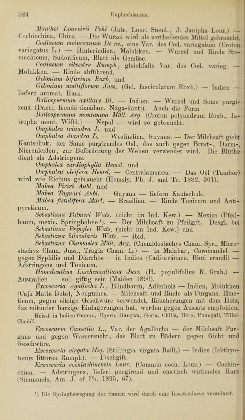 Manihot Loureirii l^hl (Jatr. Lour. Steud., .J. Janijiha Lour.) — Cocliincliina, China. — Die Wurzel wird als zertheilendes Mittel gebraucht. Codiaeum molnccanum De ne., eine Var. des Cod. variegatum (Croh^n. variegatus L.) — Hinterindien, Molukken. — Wurzel und Kinde Sto- rnachicum, Sudorificum, Blatt als Gemüse. Codiaeum silvestre Mumph, gleichfalls Var. des Cod. varieg. — Molukken. — Rinde abführend. Gelonium bifarium Roxb. und Gelonium muUiflorum Juss. (Gel. fasciculatum Roxb.) — Indien — liefern aromat. Harz. Ballospermum axillare Bl. — Indien. — Wurzel und Same purgi- rend (Danti, Kondä-amädam, Naga-danti). Auch die Form Baliospermum montanum Müll. Arg. (Croton polyandrum Roxb., Ja-- tropha mont. Willd.) — Nepal — wird so gebraucht. Omphalea triandra L. und I t I I I Omphalea diandra L, — Westindien, Guyana. — Der Milchsaft giebt Kautschuk, der Same purgirendes Del, das auch gegen Brust-, Darm-, Nierenleiden, zur Beförderung der Wehen verwendet wird. Die Blüthe | dient als Adstringens. Otnphalea cardiophylla Hemsl. und Omphalea oleifera Hemd. — Centralamerica. — Das Del (Tambor) wird wie Ricinus gebraucht (Hemsly, Ph. J. and Tr. 1882, 301). Mabea Piriri Aubl. und Mabea Taguari Aubl. — Guyana — liefern Kautschuk. Mabea fistuUfera Mart. — Brasilien. — Rinde Tonicum und Anti- pyreticum. Sebastiana Palmeri Wats. (nicht im Ind. Kew.) — Mexico (Pfeil- baum, mexic. Springbohne ^). — Der Milchsaft zu Pfeilgift. Desgl. bei Sebastiana Pringlei Wats. (nicht im Ind. Kew.) und Sebastiana bilocularis Wats. — ibid. Sebastiana Chamaelea Müll. Arg. (Cnemidostachys Cham. Spr., Micro- stachys Cham. Juss., Tragia Cham. L.) — in Malabar, Coromandel — gegen Syphilis und Diarrhöe — in Indien (Cadi-avanacu, Bhui erandi) — Adstringens und Tonicum. Homalanthus Leschenaultiana Juss. (H. populifolius R. Grah.) — Australien — soll giftig sein (Maiden 1896). Excoecaria Agallocha L., Blindbaum, Adlerholz — Indien, Molukken (Caju Matta Buta), Neuguinea. — Milchsaft und Rinde als Purgans, Eme- ticum, gegen eitrige Geschwüre verwendet, Räucherungen mit dem Holz, das mitunter harzige Einlagerungen hat, werden gegen Aussatz empfohlen. Heisst in Indien Gaoura, üguru, Gangwa, Geria, Chilla, Haro, Phungali, Tillai- Cheddi. Excoecaria Camettia L., Var. der Agallocha — der Milchsaft Pur- gans und gegen Wassersucht, das Blatt zu Bädern gegen Gicht und Geschwüre. Excoecaria virgata Miq. (Stillingia virgata Baill.) — Indien (Ichthyo- tonus littorea Rumph). — Fischgift. Excoecaria cochinchinensis Lour. (Commia coch. Lour.) — Cochin- china. — Adstringens, liefert purgirend und emetisch wirkendes Harz I (Simmonds, Am. J. of Ph. 1895, 67). 0 Hie Springbewegung der Samen wird durch eine Insectenlarve veranlasst.