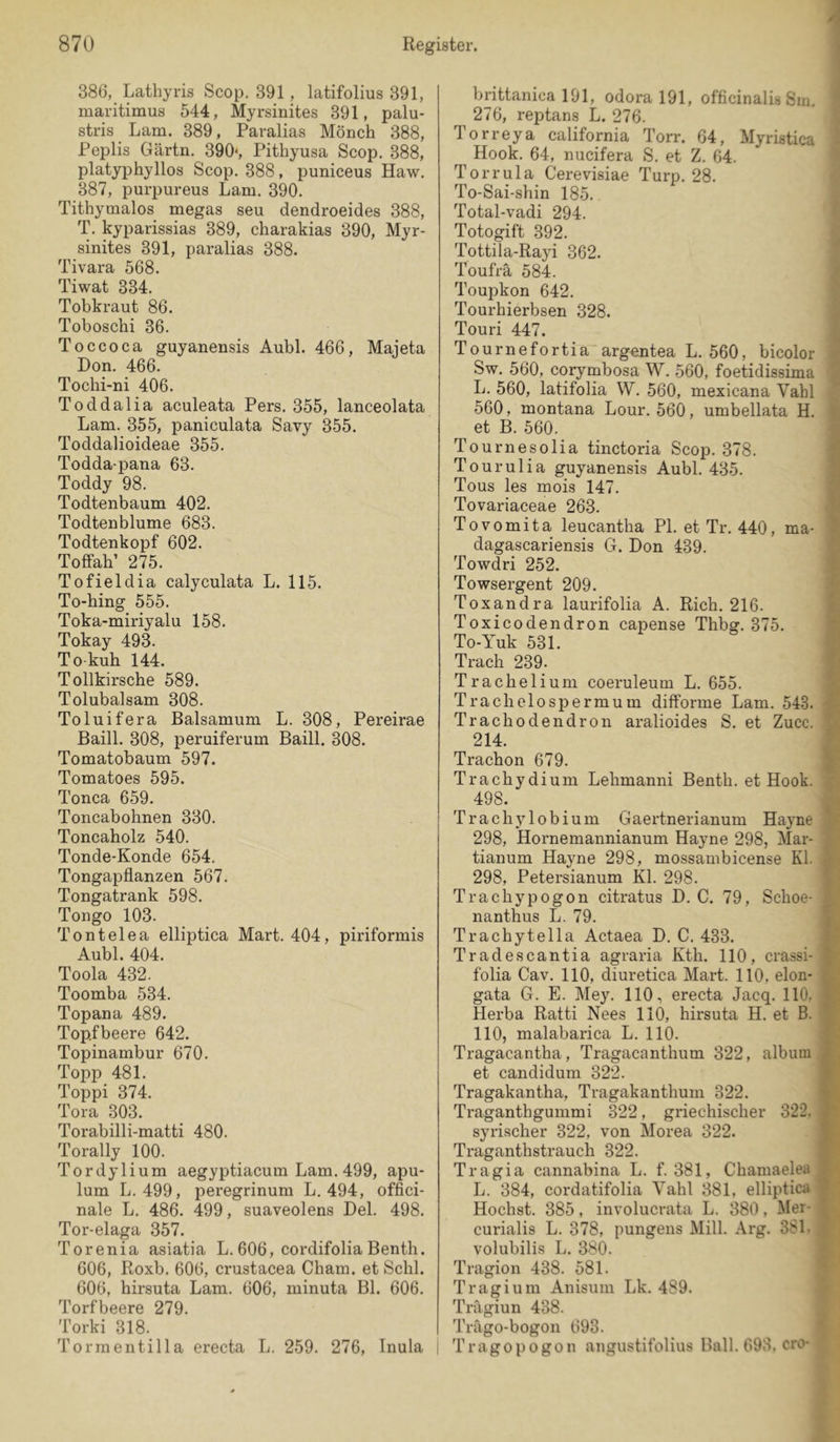 386, Lathyris Scop, 391, latifolius 391, maritimus 544, Myrsinites 391, palu- stris Lam. 389, Paralias Mönch 388, Peplis Gärtn. 390«, Pithyusa Scop. 388, platyphyllos Scop. 388, puniceus Haw. 387, purpureus Lam. 390. Tithymalos megas seu dendroeides 388, T. kyparissias 389, charakias 390, Myr- sinites 391, paralias 388. Tivara 568. Tiwat 334. Tobkraut 86. Toboschi 36. Toccoca guyanensis Aubl. 466, Majeta Don. 466. Tochi-ni 406. Toddalia aculeata Pers. 355, lanceolata Lam. 355, paniculata Savy 355. Toddalioideae 355. Todda-pana 63. Toddy 98. Todtenbaum 402. Todtenblume 683. Todtenkopf 602. Toffah’ 275. Tofieldia calyculata L. 115. To-hing 555. Toka-miriyalu 158. Tokay 493. To-kuh 144. Tollkirsche 589. Tolubalsam 308. Toluifera Baisamum L. 308, Pereirae Baill. 308, peruiferum Baill. 308. Tomatobaum 597. Tomatoes 595. Tonca 659. Toncabohnen 330. Toncaholz 540. Tonde-Konde 654. Tongapflanzen 567. Tongatrank 598. Tongo 103. Tontelea elliptica Mart. 404, piriformis Aubl. 404. Toola 432. Toomba 534. Topana 489. Top.fbeere 642. Topinambur 670. Topp 481. Toppi 374. Tora 303. Torabilli-matti 480. Torally 100. Tordylium aegyptiacum Lam.499, apu- lum L. 499, peregrinum L. 494, offici- nale L. 486. 499, suaveolens Del. 498. Tor-elaga 357. Torenia asiatia L.606, cordifoliaBenth. 606, Roxb. 606, crustacea Cham, et Schl. 606, hirsuta Lam. 606, minuta Bl. 606. Torfbeere 279. 'l’orki 318. Torraentilla erecta L. 259. 276, Inula i brittanica 191, odora 191, officinalis Sin. 276, reptans L. 276. Torreya California Torr. 64, Myristica Hook. 64, nucifera S. et Z. 64. Torrula Cerevisiae Turp. 28. To-Sai-shin 185. Total-vadi 294. Totogift 392. Tottila-Rayi 362. Toufrä 584. Toupkon 642. Tourhierbsen 328. Touri 447. Tournefortia argentea L. 560, bicolor Sw. 560, corymbosa W. 560, foetidissima L. 560, latifolia W. 560, mexicana Vahl 560, montana Lour. 560, umbellata H. et B. 560. Tournesolia tinctoria Scop. 378. Tourulia guyanensis Aubl. 435. Tous les mois 147. Tovariaceae 263. Tovomita leucantha PI. et Tr. 440, ma- dagascariensis G. Don 439. Towdri 252. Towsergent 209. Toxandra laurifolia A. Rieh. 216. Toxicodendron capense Thbg. 375. To-Yuk 531. Trach 239. Trachelium coeruleum L. 655. Trachelospermum difforme Lam. 543. Trachodendron aralioides S. et Zucc. 214. Trachon 679. Trachydium Lehmanni Benth. et Hook. 498. Trachylobium Gaertnerianum Hayne 298, Hornemannianum Hayne 298, Mar- tianum Hayne 298, mossambicense Kl. 298, Petersianum Kl. 298. Trachypogon citratus D. C. 79, Schoe- nanthus L. 79. Trachytella Actaea D. C. 433. Tradescantia agraria Kth. 110, crassi- folia Cav. 110, diuretica Mart. 110, elon- gata G. E. Mey. 110, erecta Jacq. 110. Herba Ratti Nees 110, hirsuta H. et B. 110, malabarica L. 110. Tragacantha, Tragacanthum 322, album et candidum 322. Tragakantha, Tragakanthum 322. Traganthgummi 322, griechischer 322. syrischer 322, von Morea 322. Ti'aganthstrauch 322. Tragia cannabina L. f. 381, Chamaelea L. 384, cordatifolia Vahl 381, elliptica Höchst. 385, involucrata L. 380, Mer- curialis L. 378, pungens Mill. Arg. 381. volubilis L. 380. Tragion 438. 581. Tragi um Anisuni Lk. 489. Tragiun 438. Trägo-bogon 693. Tragopogon angustifolius Bnll. 693. cro-